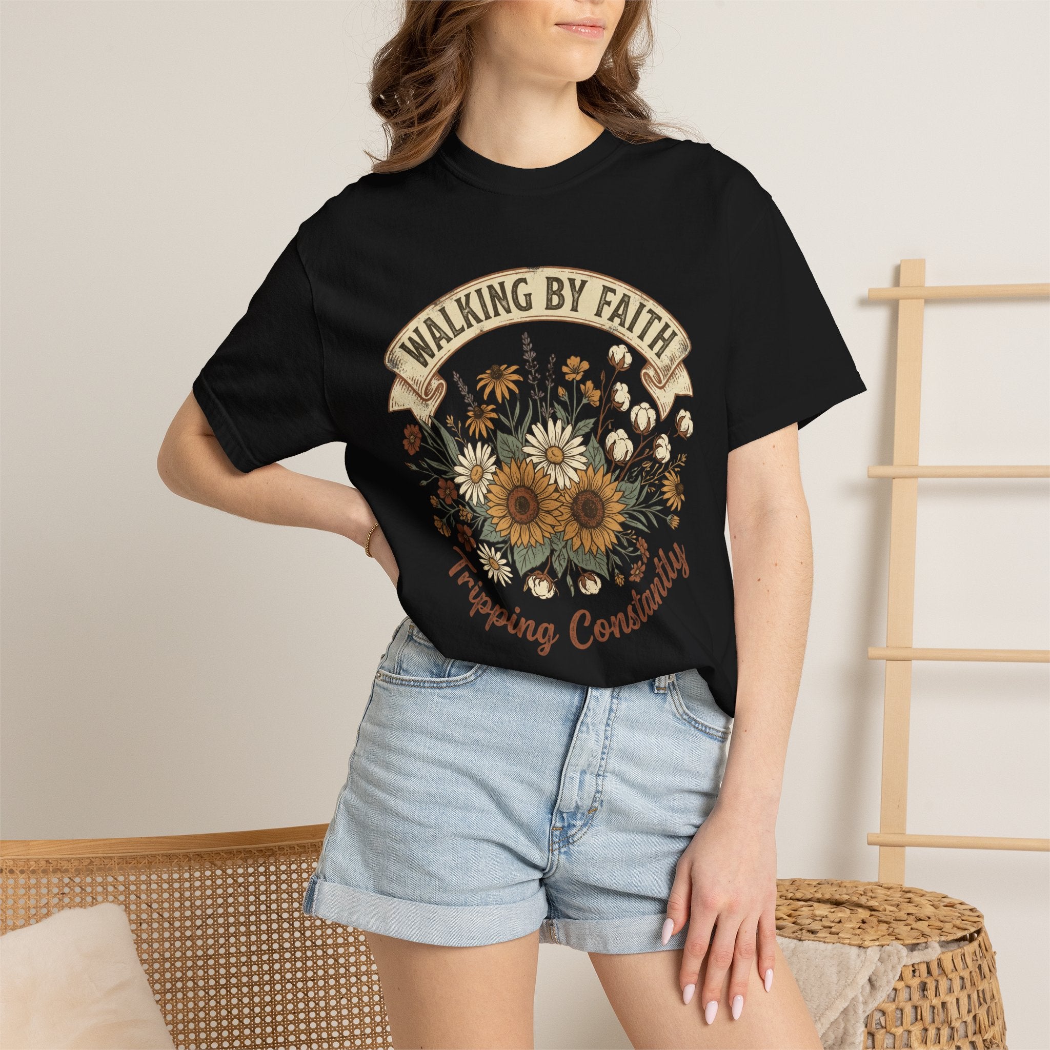 Walking By Faith, Tripping Constantly Sunflower Christian T-Shirt