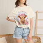 She Rests in Him Cow Floral Faith-Based Cow Graphic T-Shirt