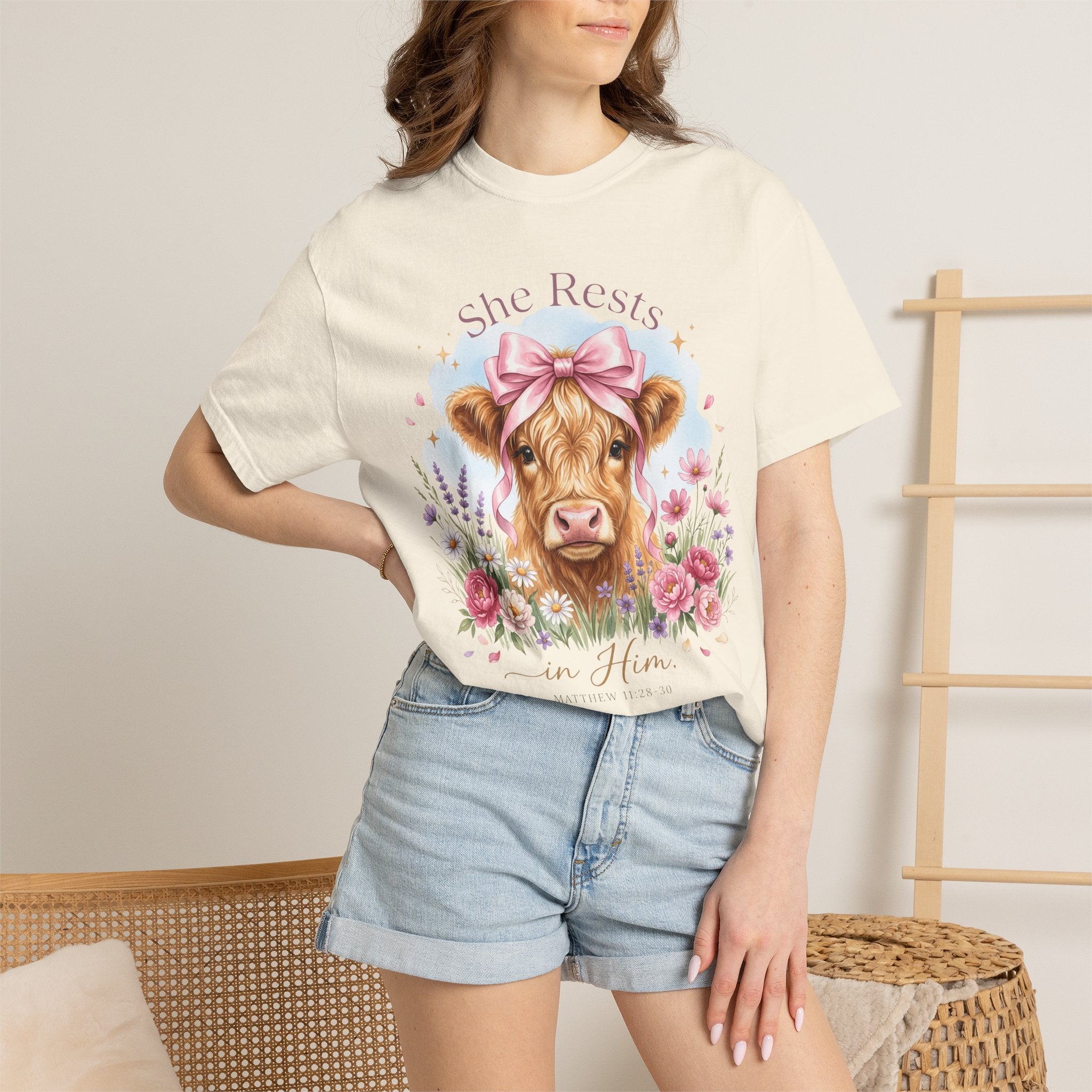 She Rests in Him Cow Floral Faith-Based Cow Graphic T-Shirt