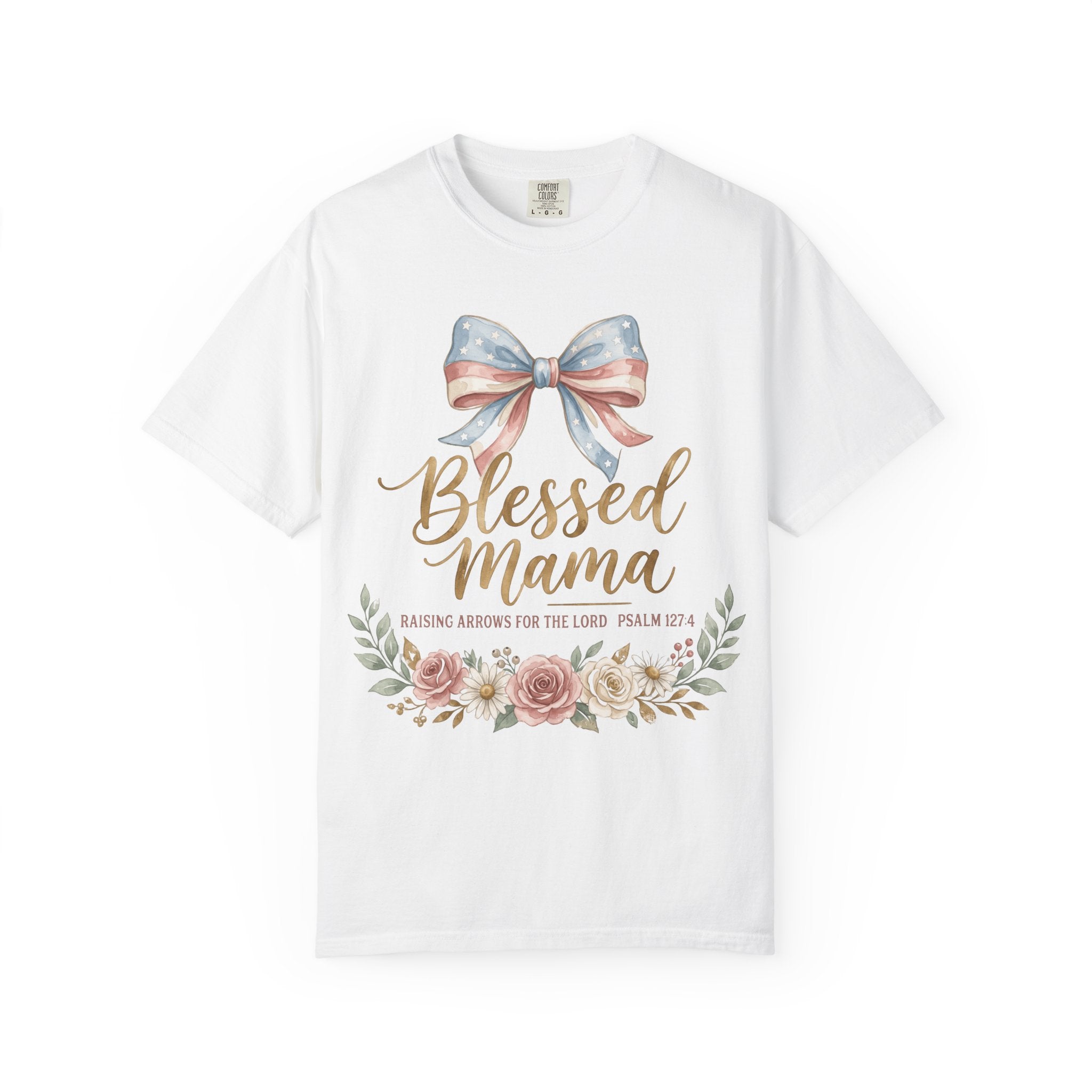 Blessed Mama Floral Patriotic Bow (Psalm 127:3) Mom T-Shirt