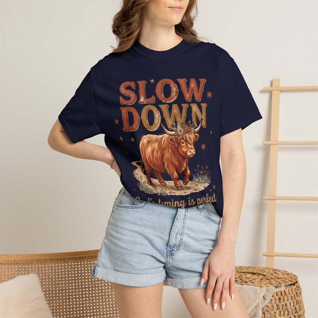 Slow Down Cow God's timing is perfect Inspirational Graphic T-Shirt