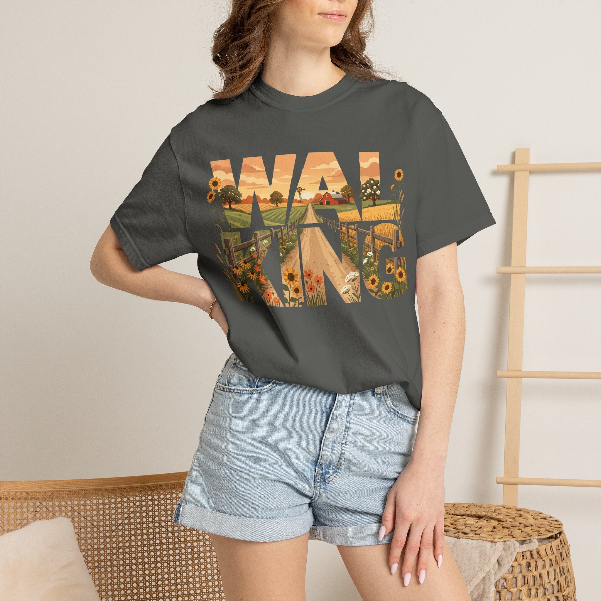 Walking Graphic Sunflower & Countryside Scenic Lettering T-Shirt