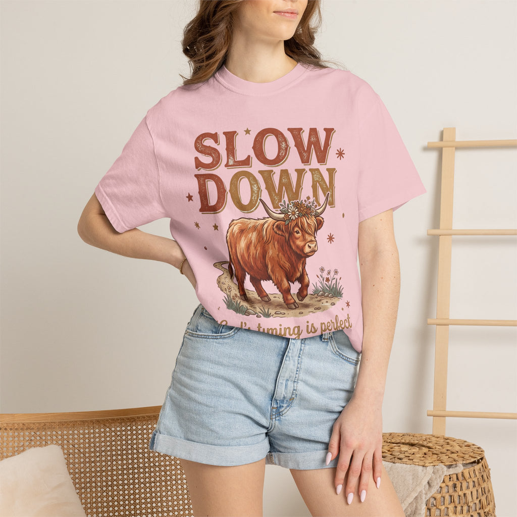 Slow Down Cow God's timing is perfect Inspirational Graphic T-Shirt