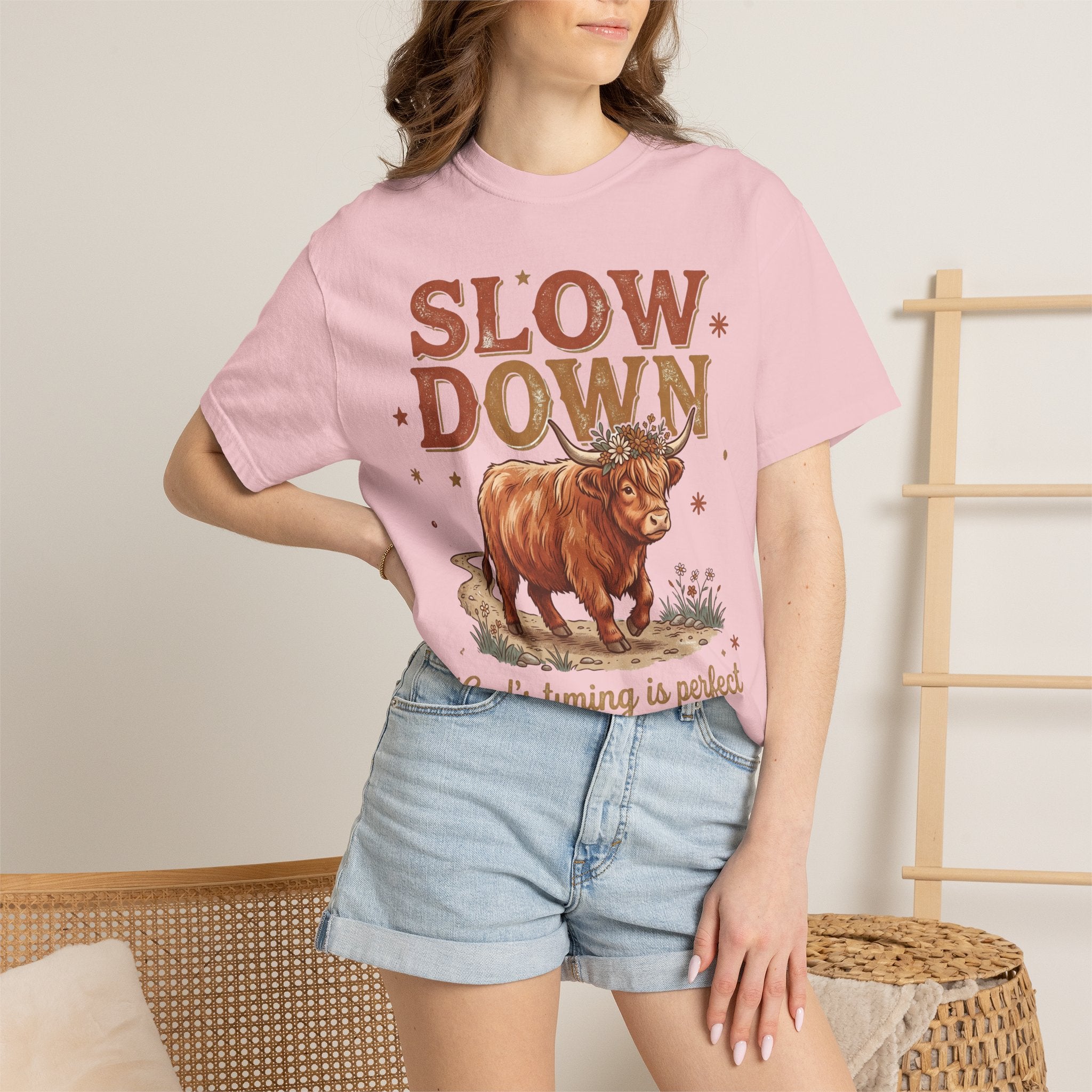 Slow Down Cow God's timing is perfect Inspirational Graphic T-Shirt