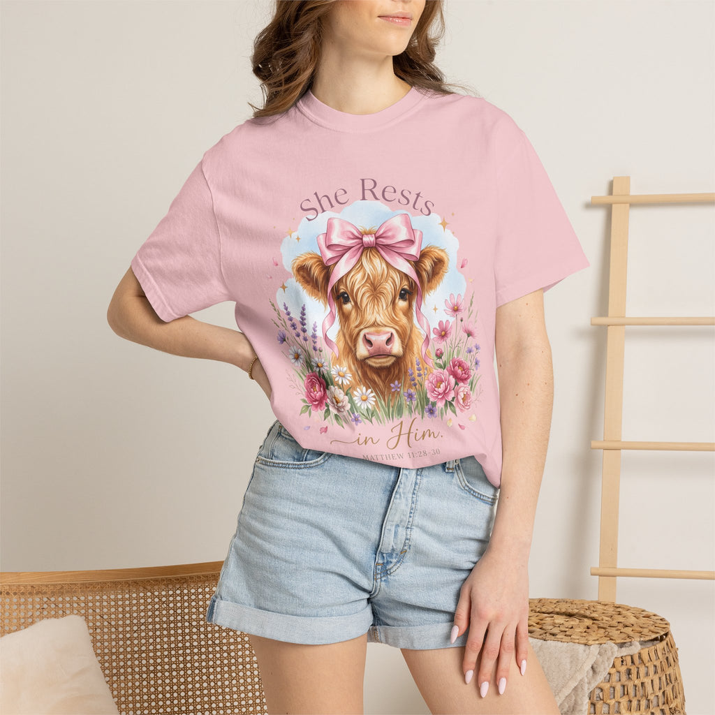 She Rests in Him Cow Floral Faith-Based Cow Graphic T-Shirt
