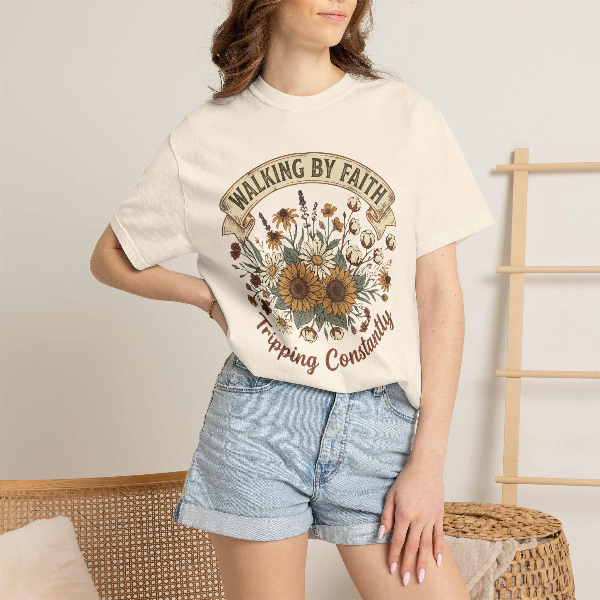 Walking By Faith, Tripping Constantly Sunflower Christian T-Shirt