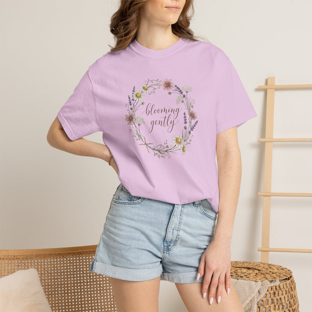 Blooming Gently Garden Script Floral Wreath T-Shirt