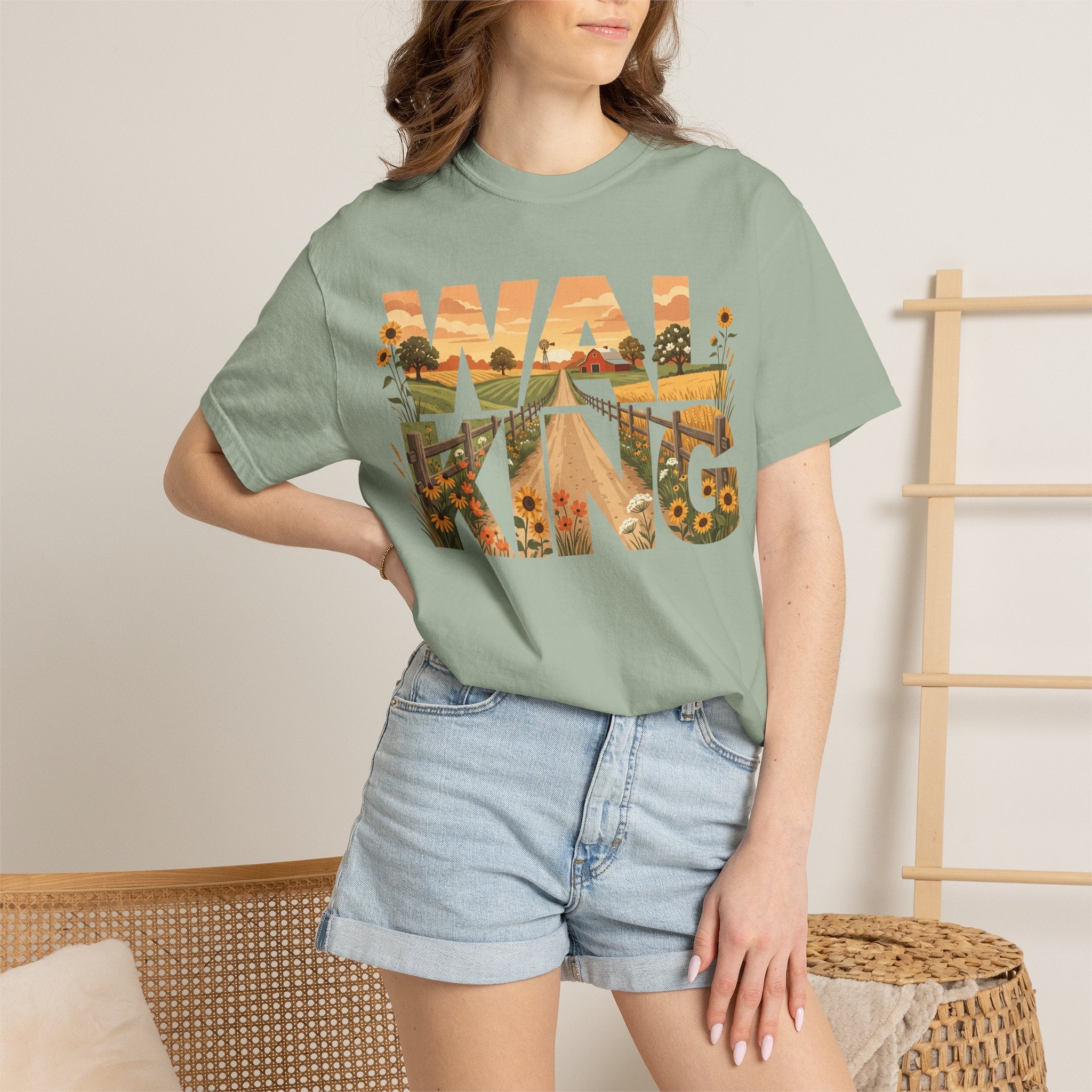 Walking Graphic Sunflower & Countryside Scenic Lettering T-Shirt