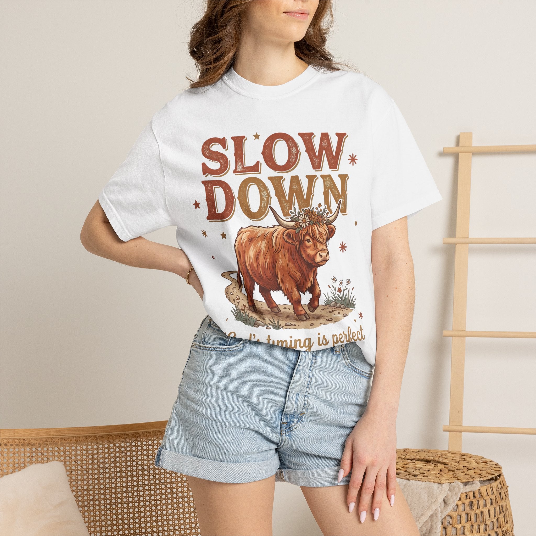 Slow Down Cow God's timing is perfect Inspirational Graphic T-Shirt