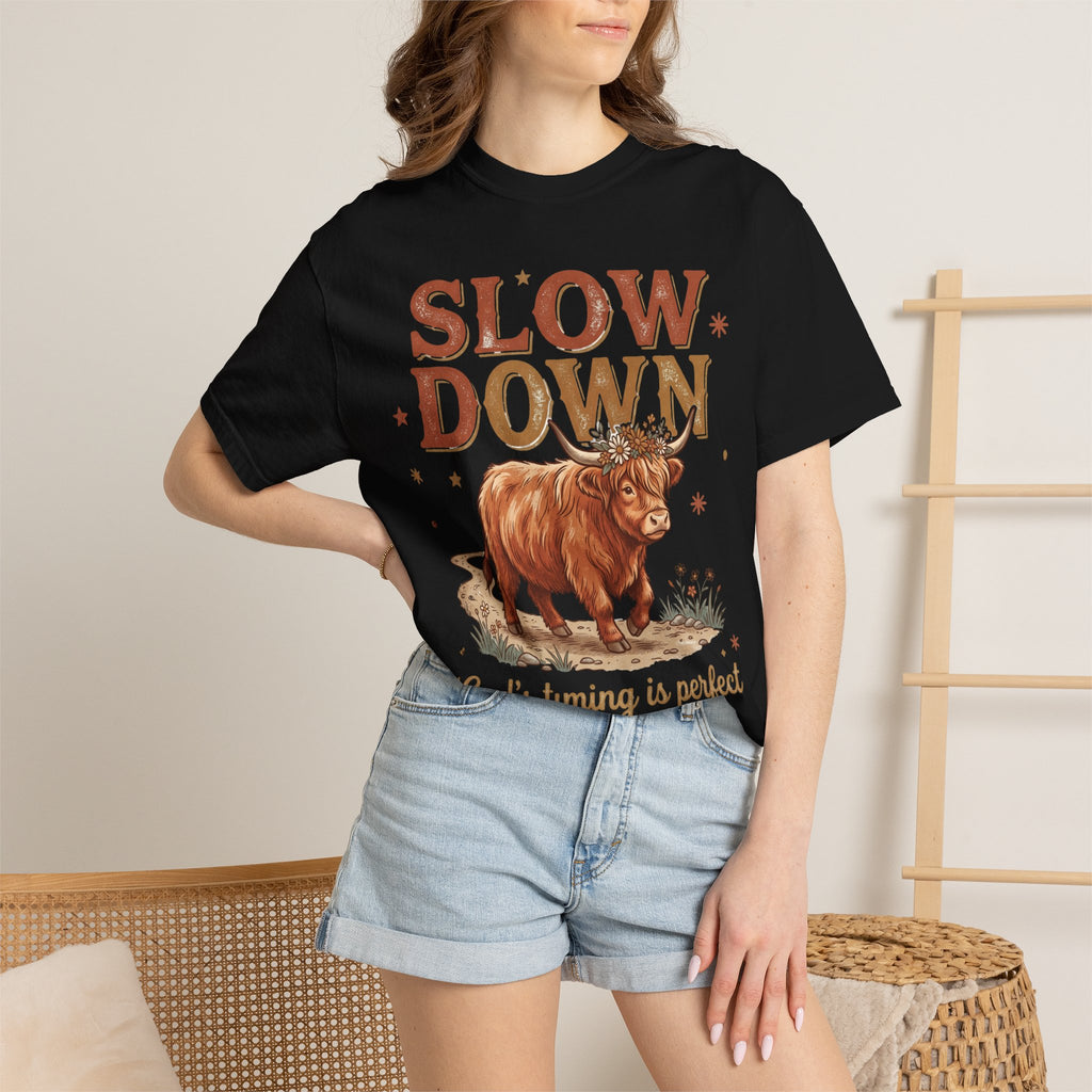 Slow Down Cow God's timing is perfect Inspirational Graphic T-Shirt