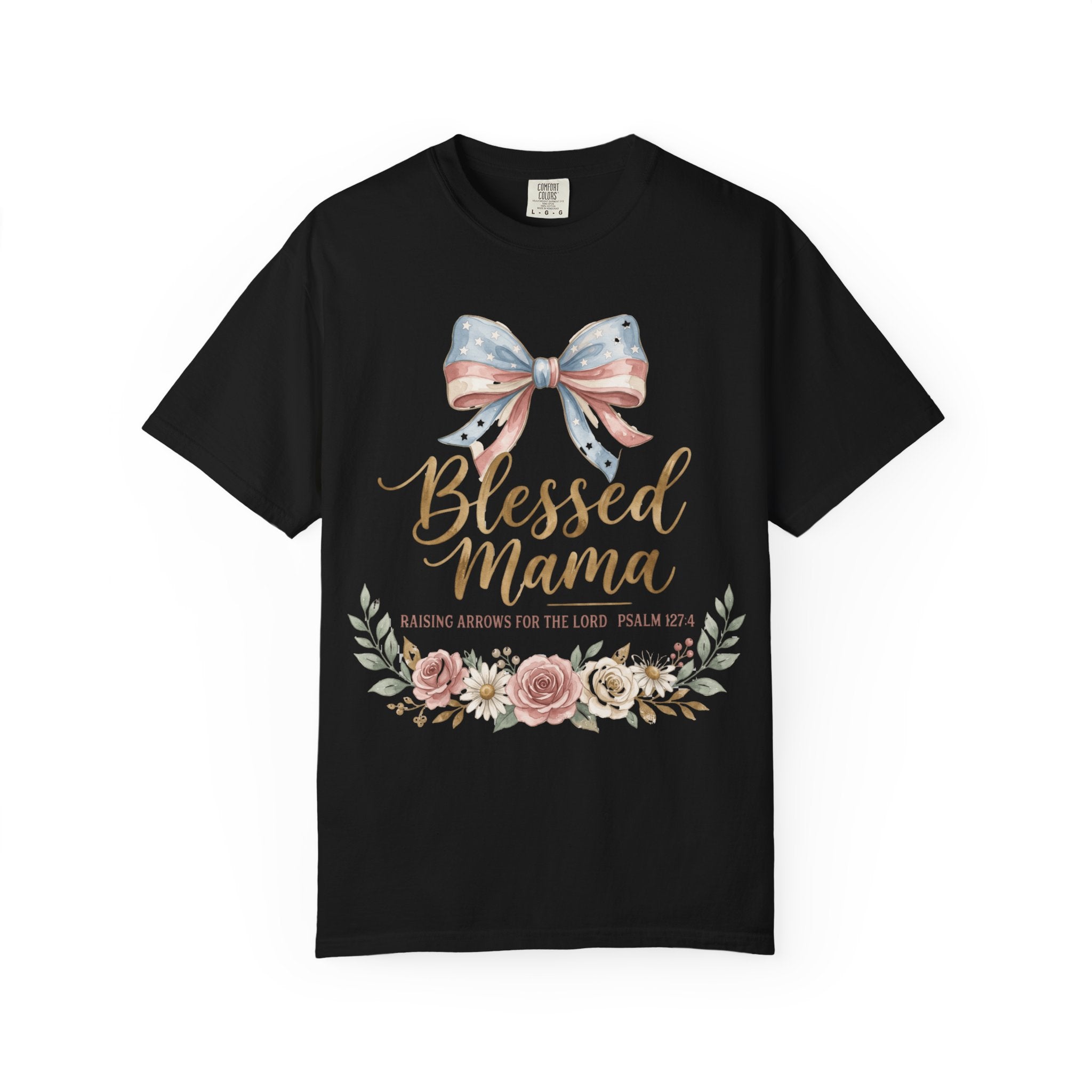 Blessed Mama Floral Patriotic Bow (Psalm 127:3) Mom T-Shirt
