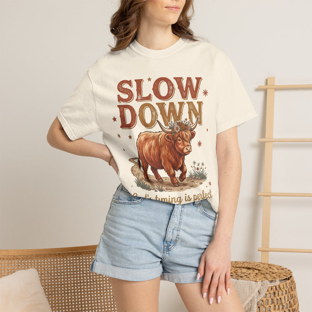 Slow Down Cow God's timing is perfect Inspirational Graphic T-Shirt