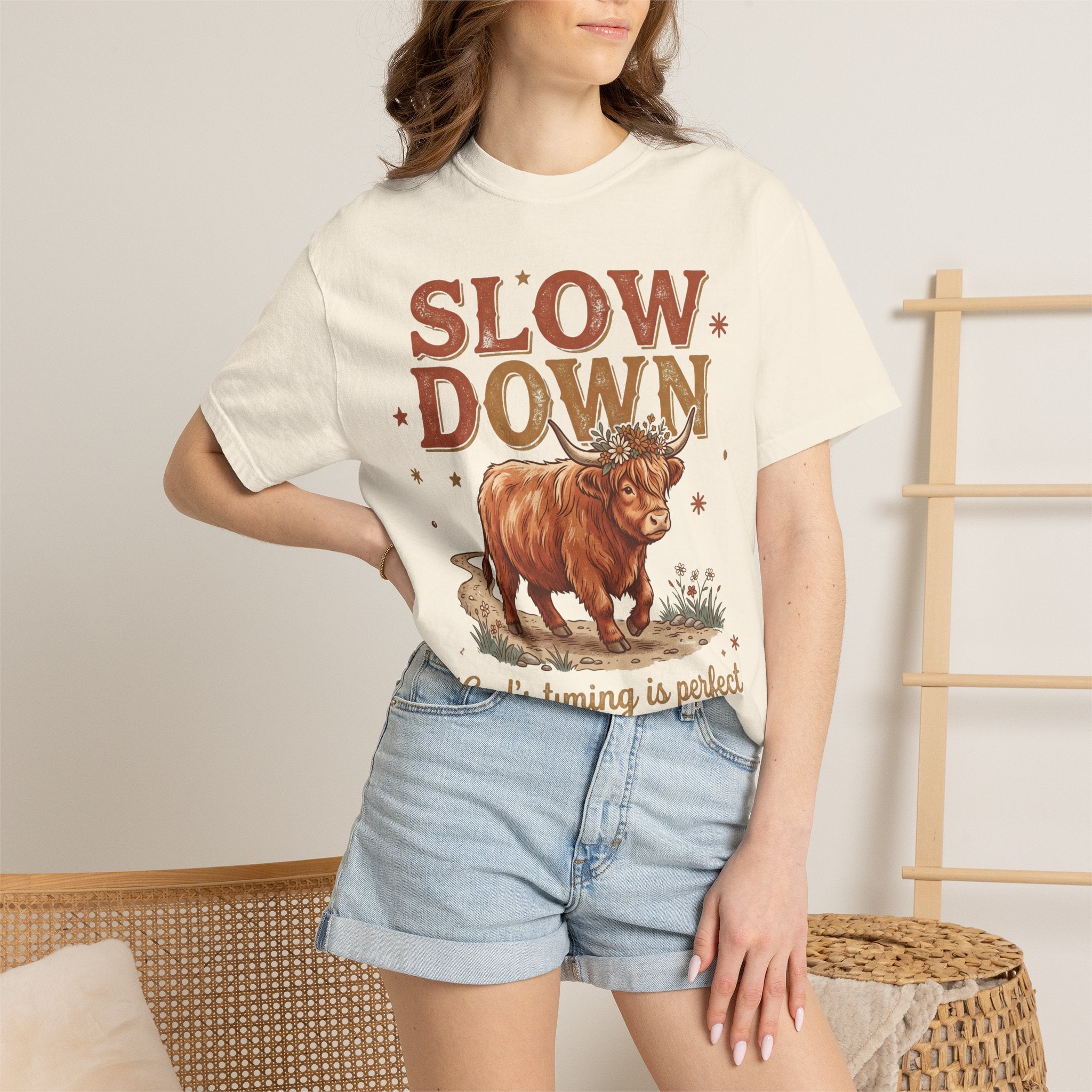 Slow Down Cow God's timing is perfect Inspirational Graphic T-Shirt
