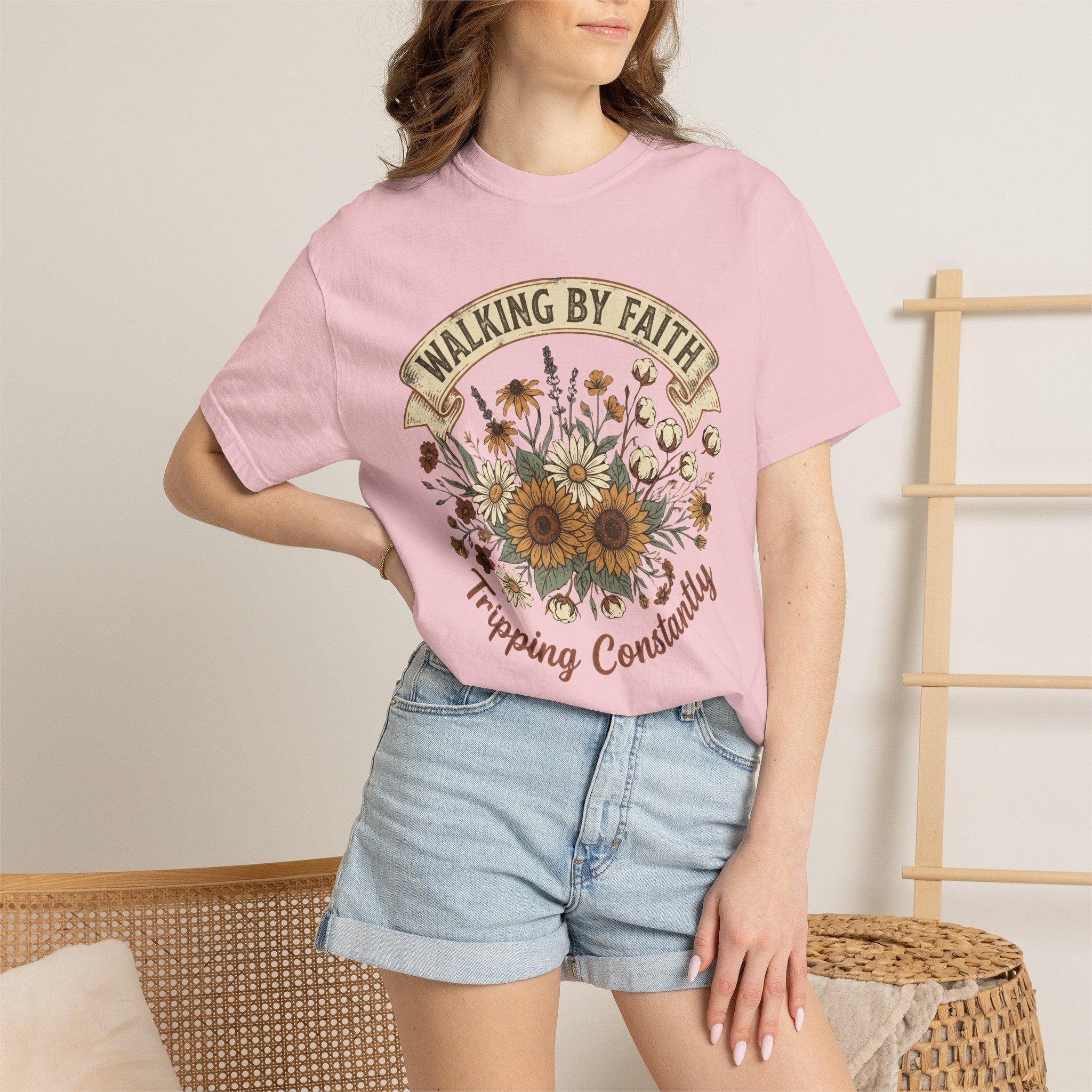 Walking By Faith, Tripping Constantly Sunflower Christian T-Shirt