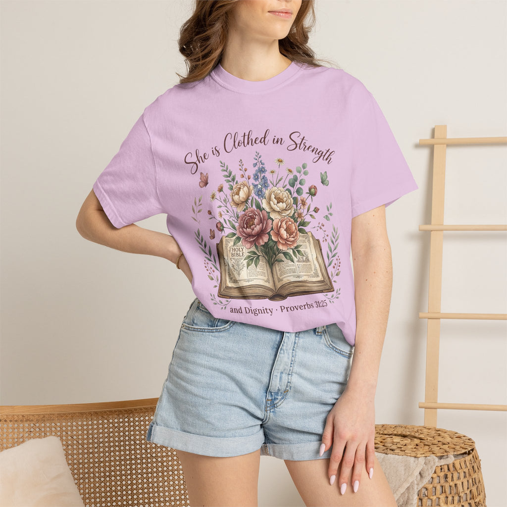 She is Clothed in Strength Floral (Proverbs 31:25) Bible Verse Christian T-Shirt
