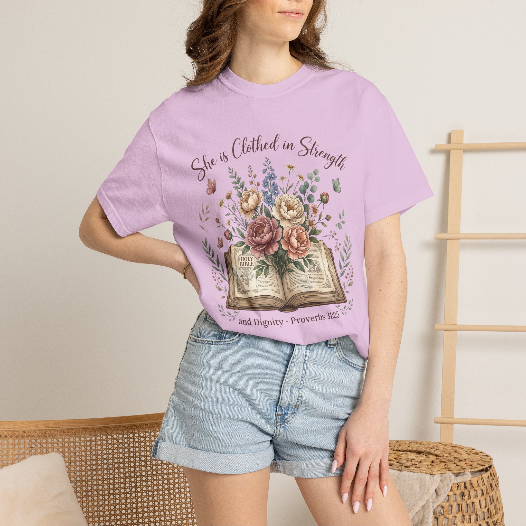 She is Clothed in Strength Floral (Proverbs 31:25) Bible Verse Christian T-Shirt