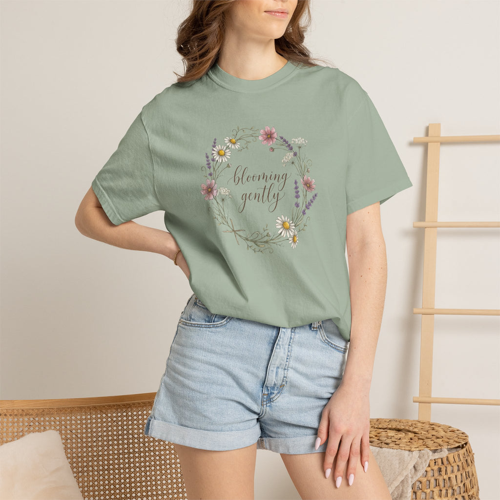 Blooming Gently Garden Script Floral Wreath T-Shirt
