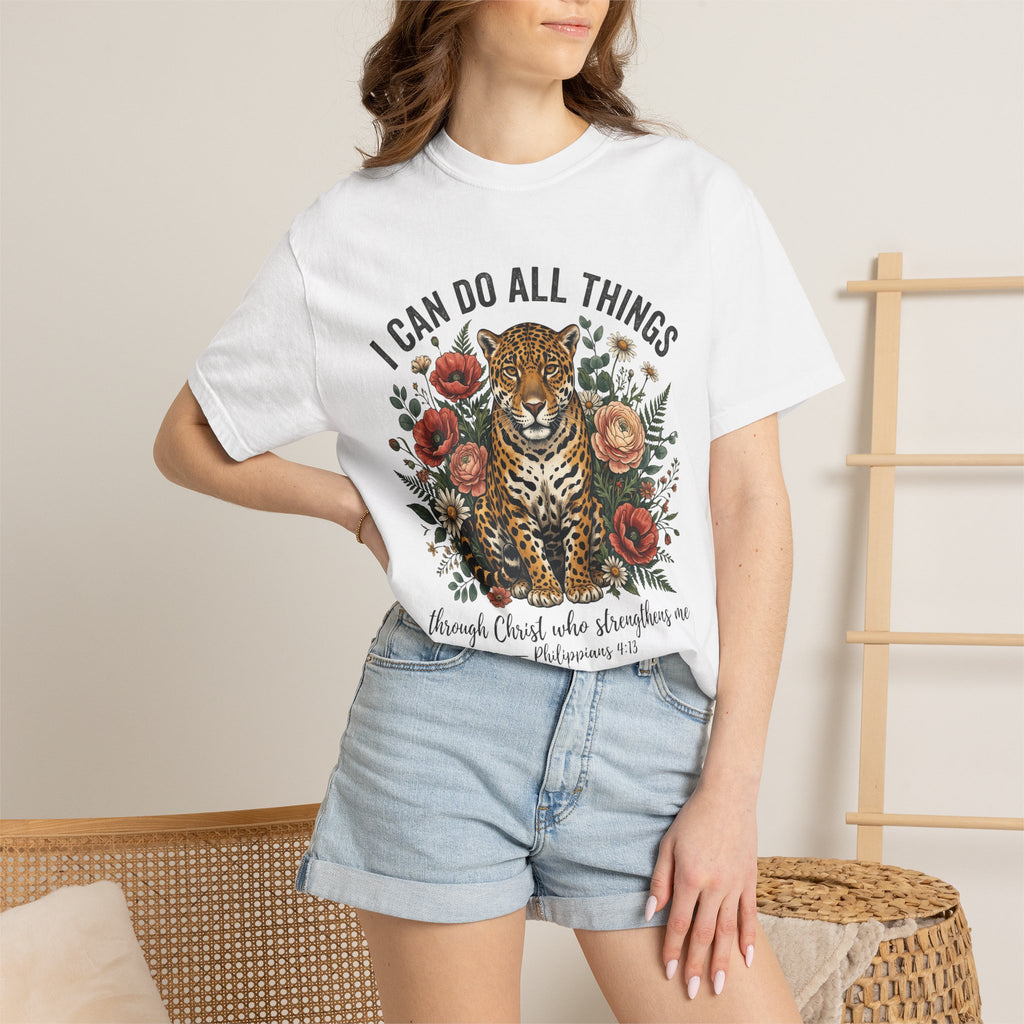 I Can Do All Things Christian Leopard Floral Bible Verse (Philippians 4:13) T-Shirt