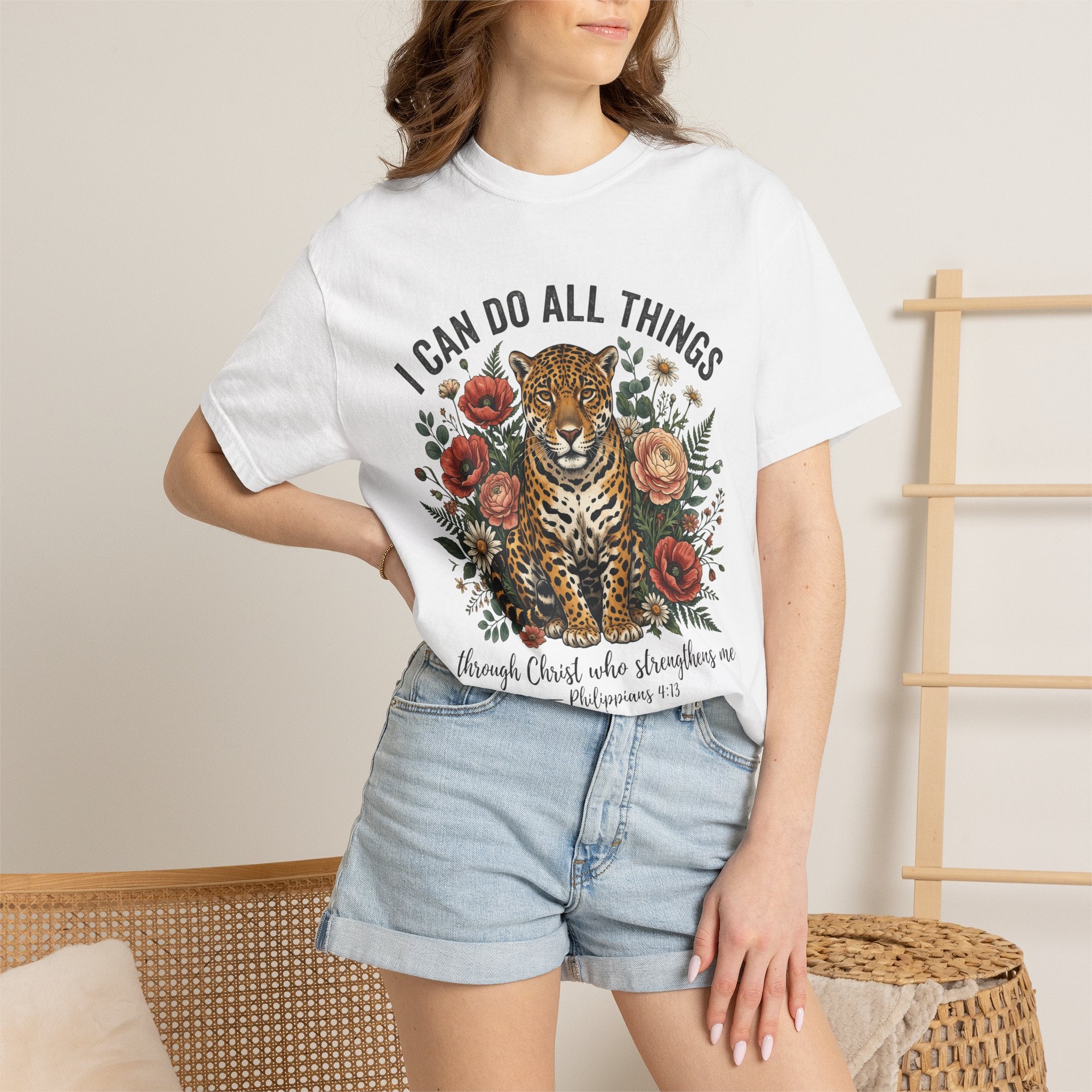 I Can Do All Things Christian Leopard Floral Bible Verse (Philippians 4:13) T-Shirt