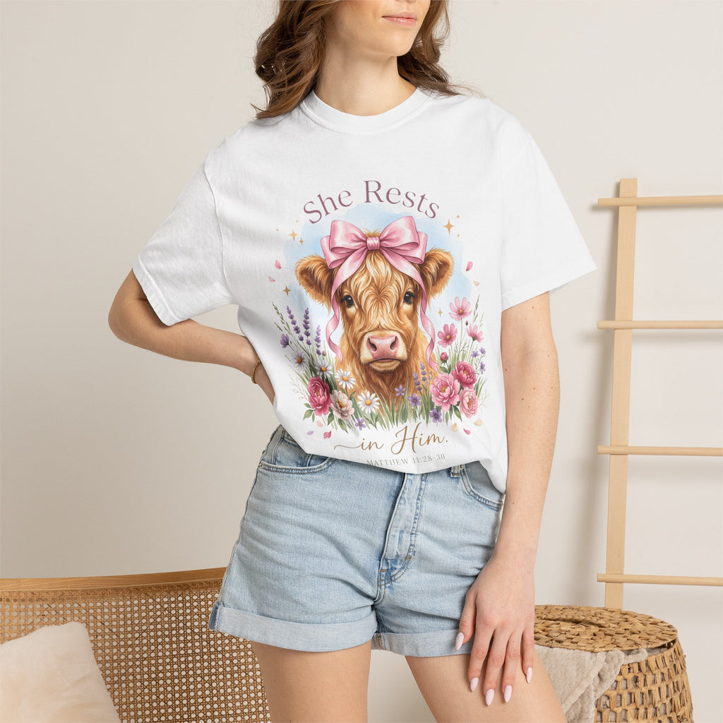 She Rests in Him Cow Floral Faith-Based Cow Graphic T-Shirt