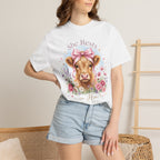 She Rests in Him Cow Floral Faith-Based Cow Graphic T-Shirt