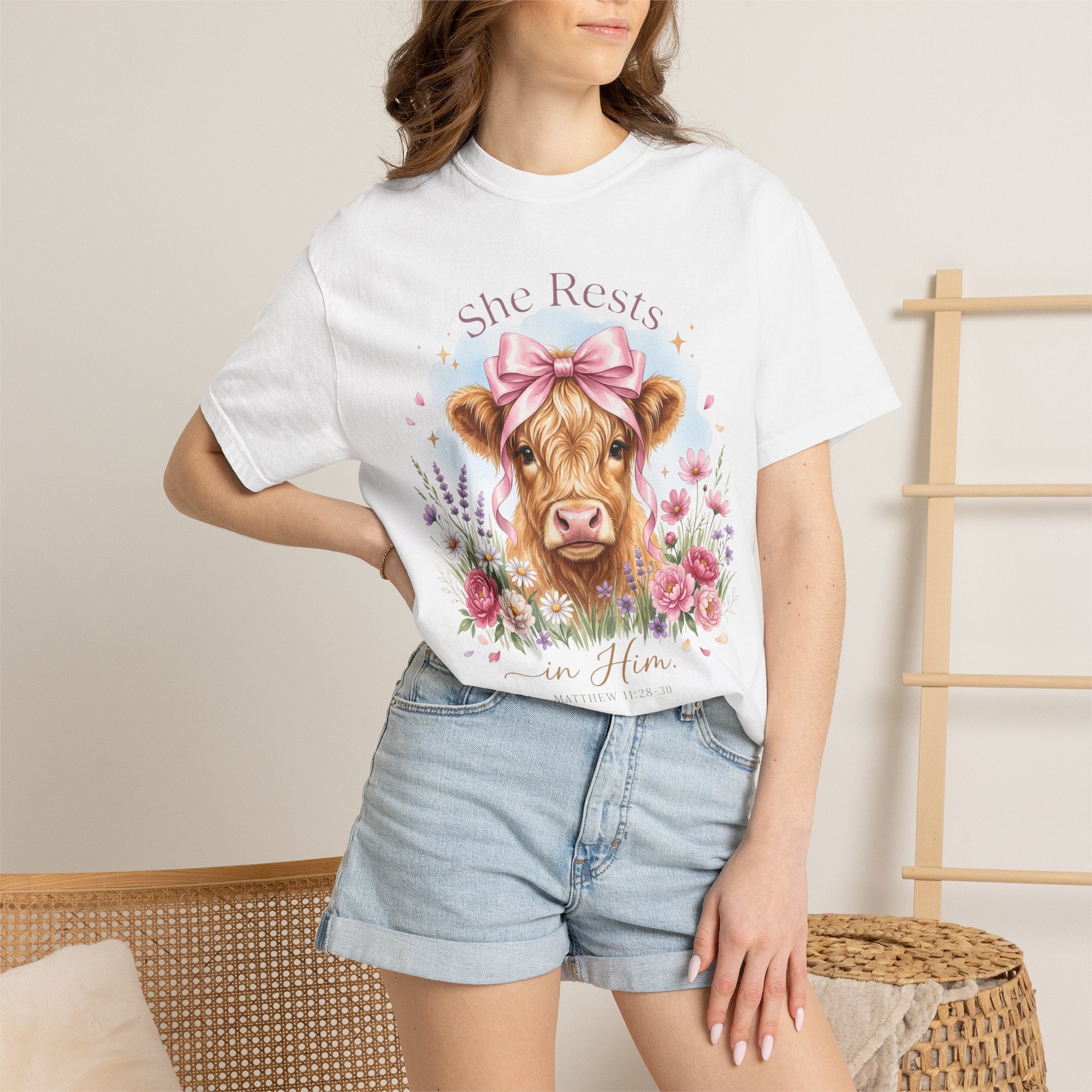 She Rests in Him Cow Floral Faith-Based Cow Graphic T-Shirt