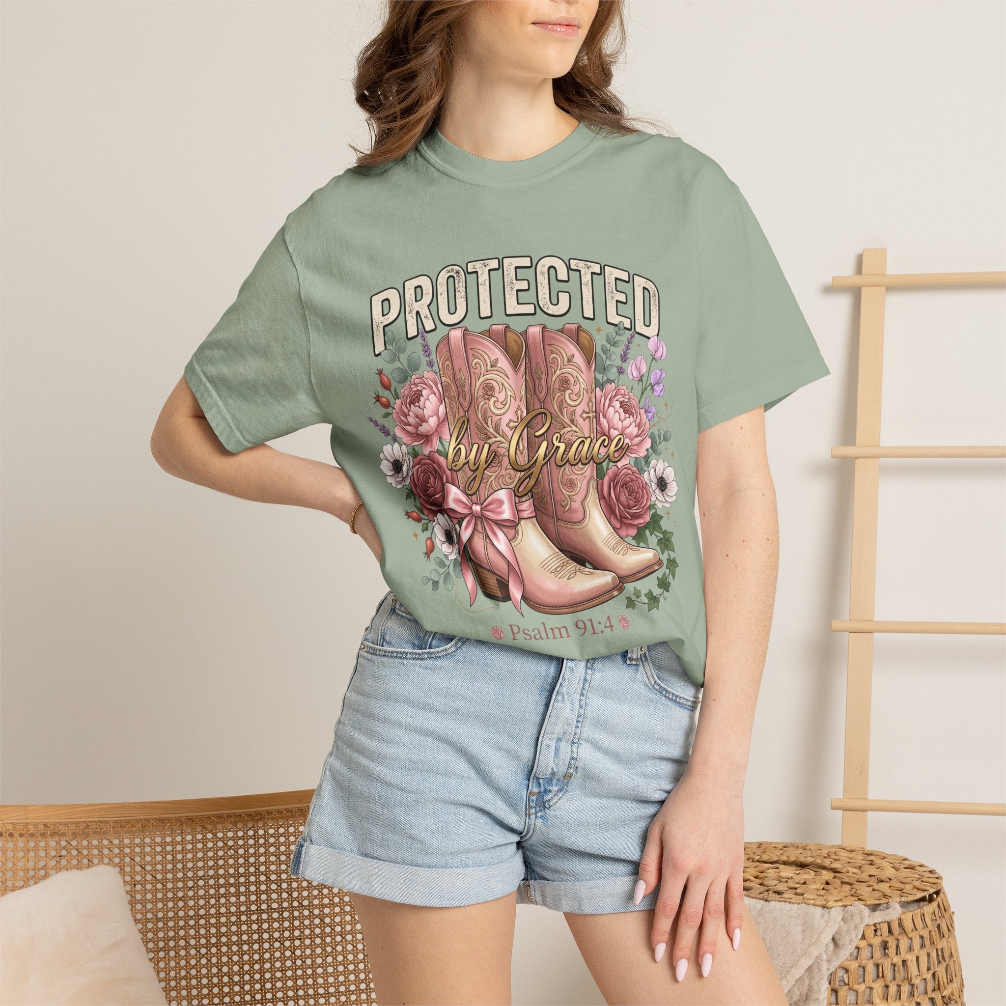 Protected by Grace (Psalm 91:4) Floral Cowboy Boots T-Shirt
