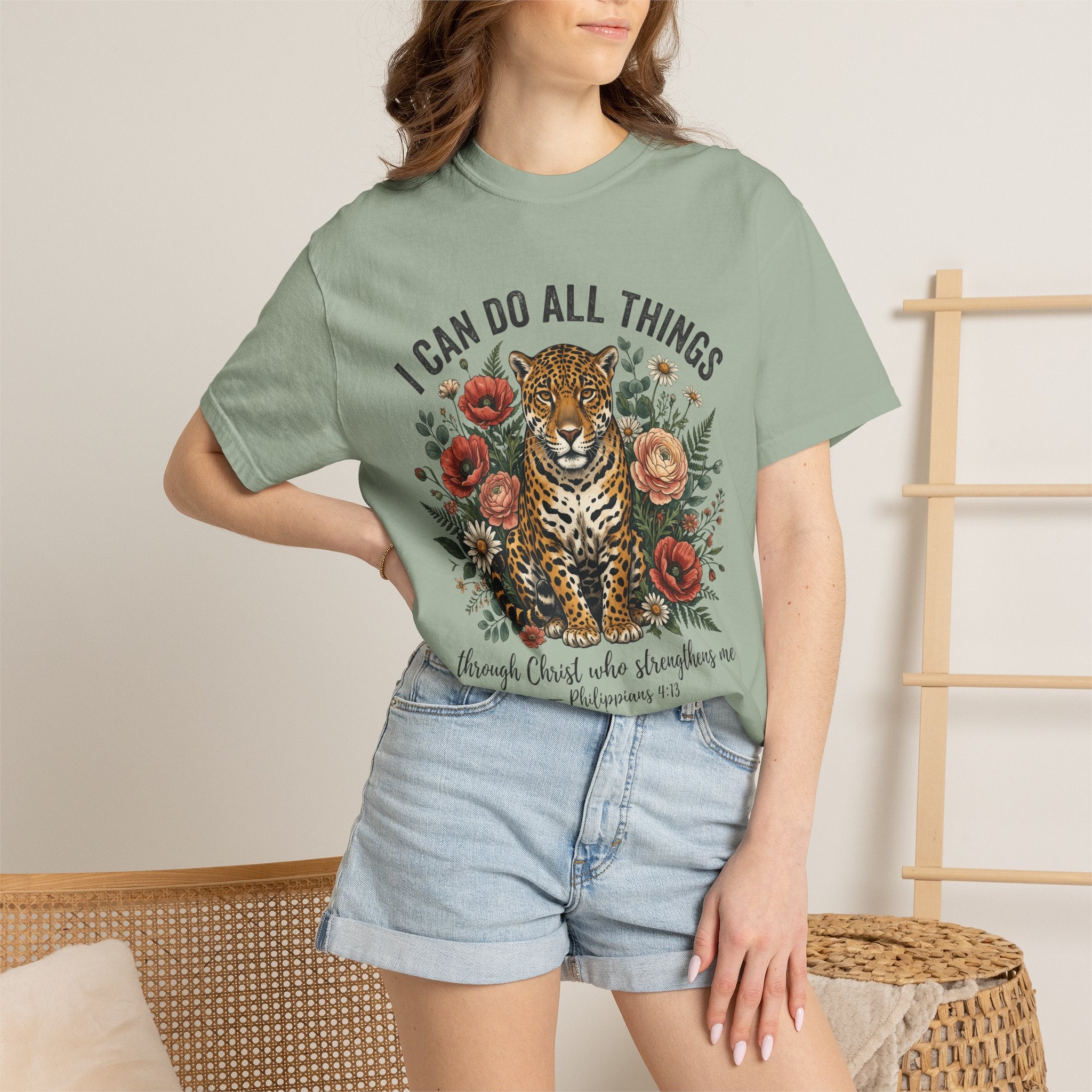 I Can Do All Things Christian Leopard Floral Bible Verse (Philippians 4:13) T-Shirt