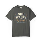 She Walks by Faith (2 Cor. 5:7) T-Shirt