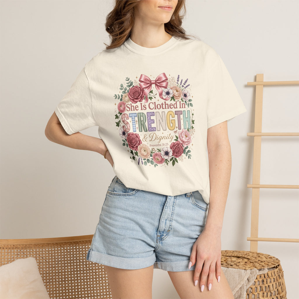 She Is Clothed in Strength Floral Inspirational Christian T-Shirt