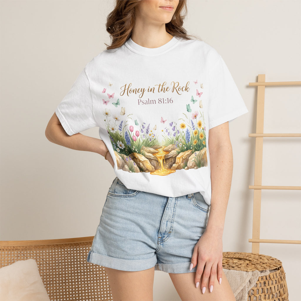Honey in the Rock (Psalm 81:16) Floral Scripture T-Shirt