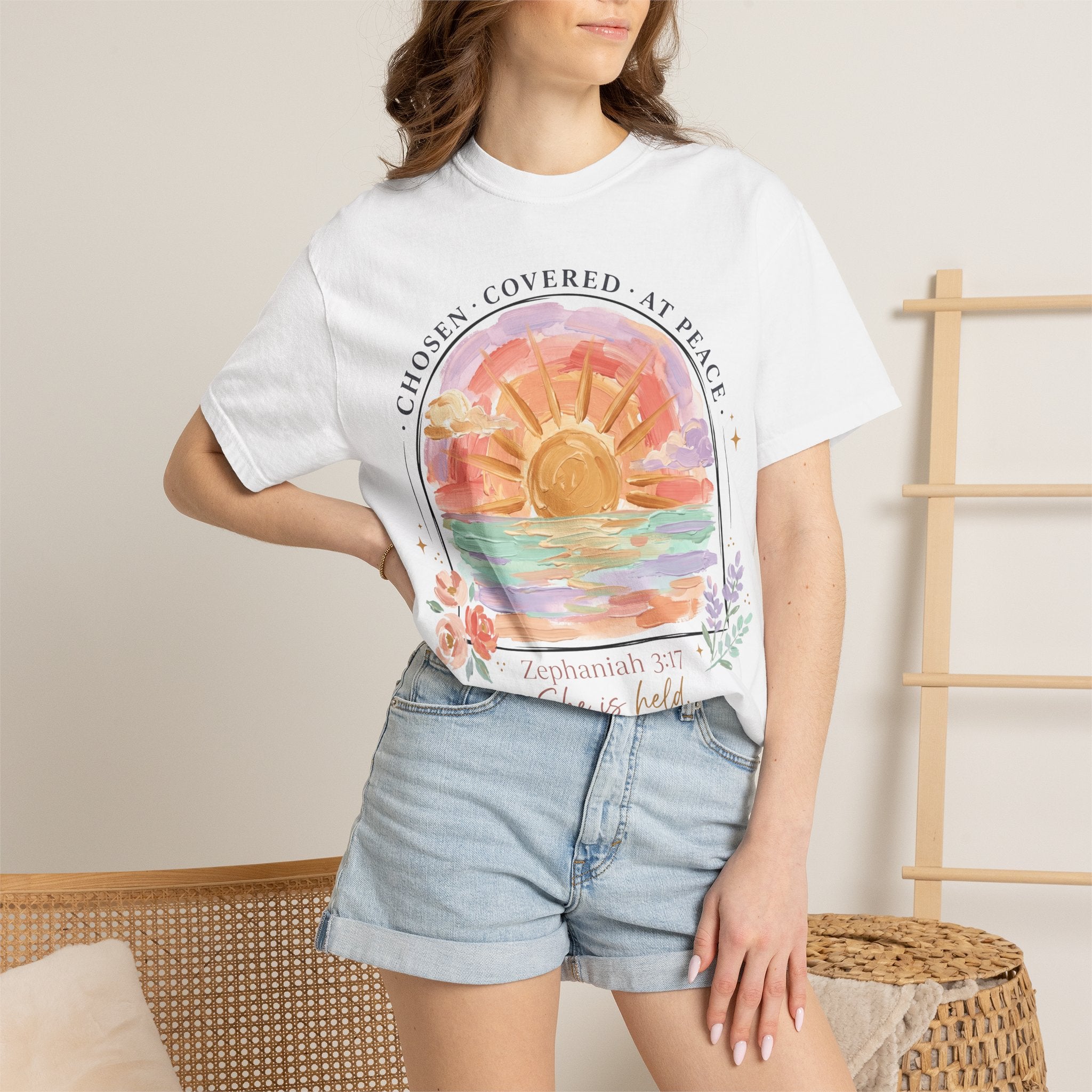She Is Held (Zephaniah 3:17) Christian Sunset T-Shirt