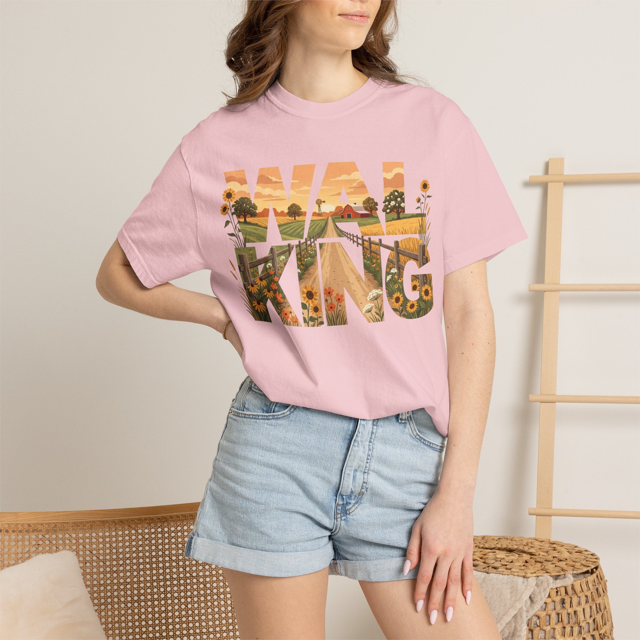 Walking Graphic Sunflower & Countryside Scenic Lettering T-Shirt