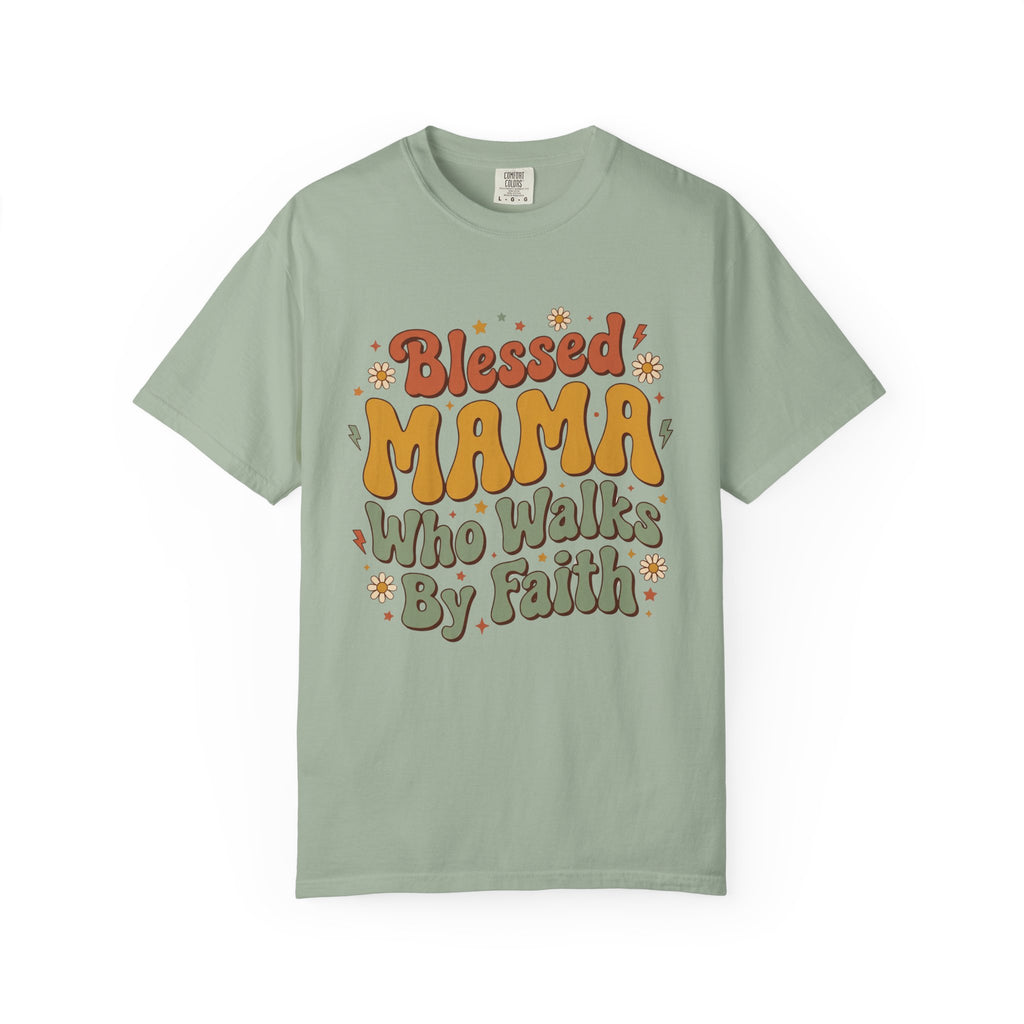 Blessed Mama Who Walks By Faith Retro Floral Christian T-Shirt