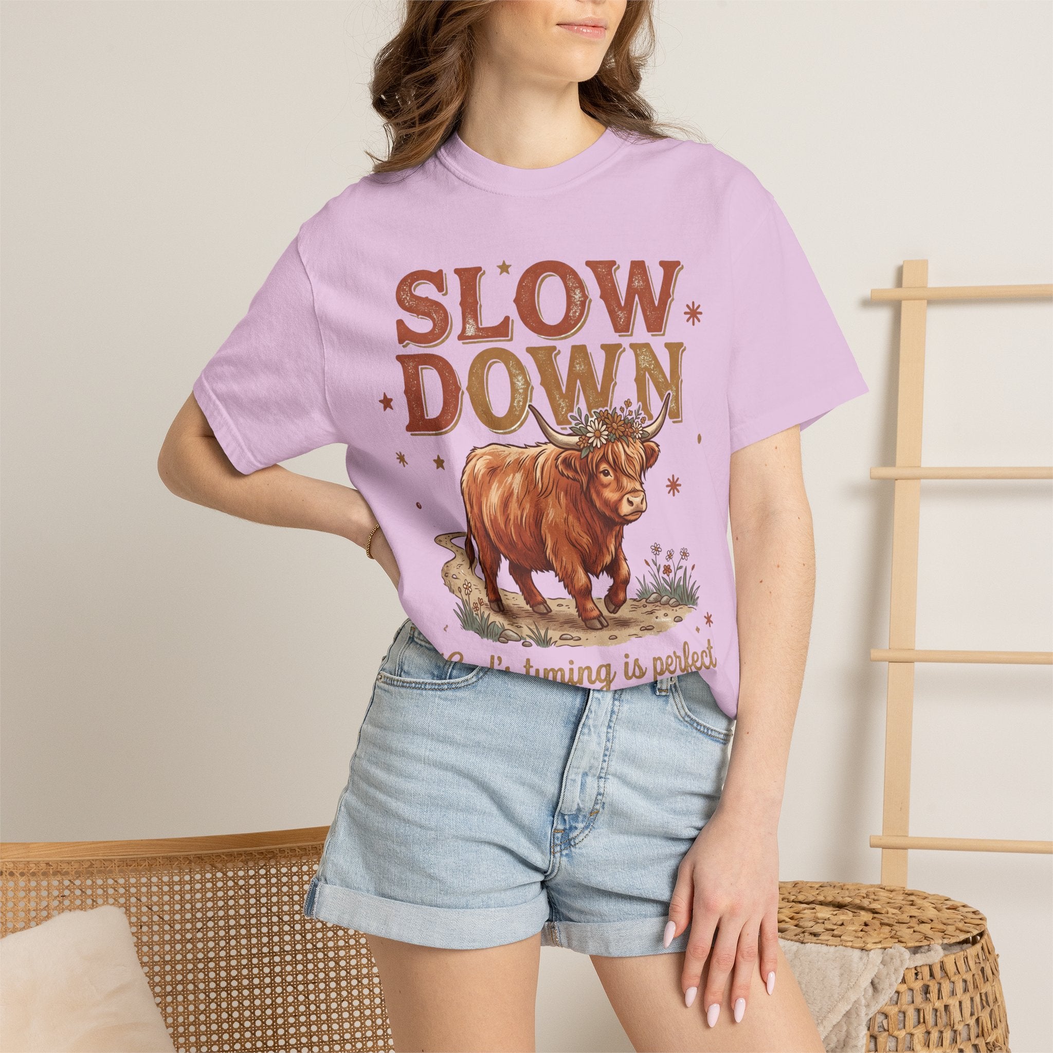 Slow Down Cow God's timing is perfect Inspirational Graphic T-Shirt
