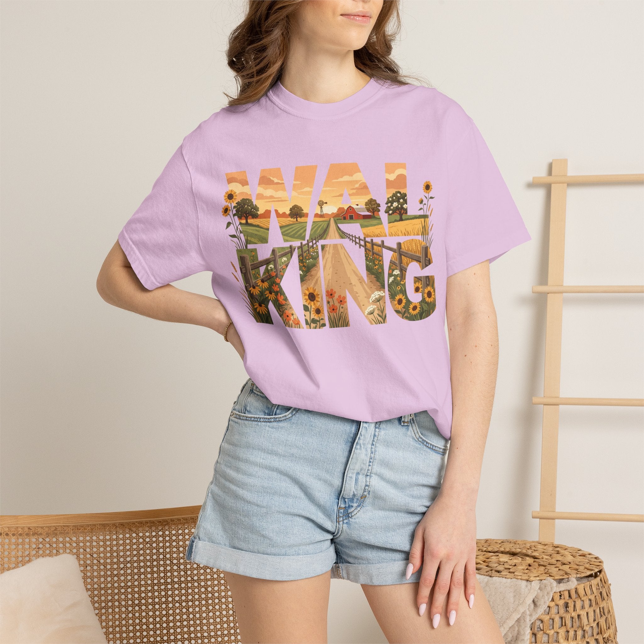 Walking Graphic Sunflower & Countryside Scenic Lettering T-Shirt