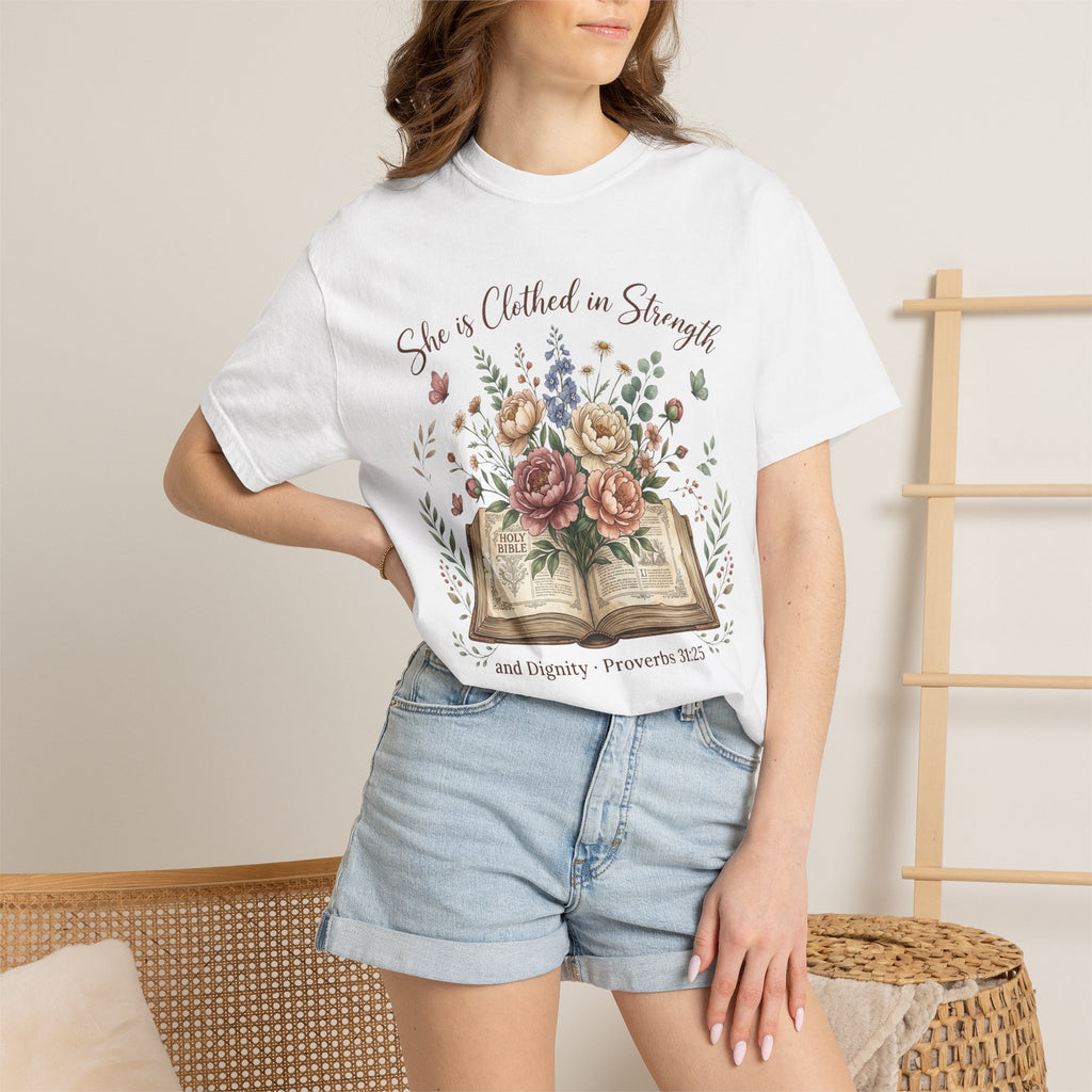 She is Clothed in Strength Floral (Proverbs 31:25) Bible Verse Christian T-Shirt