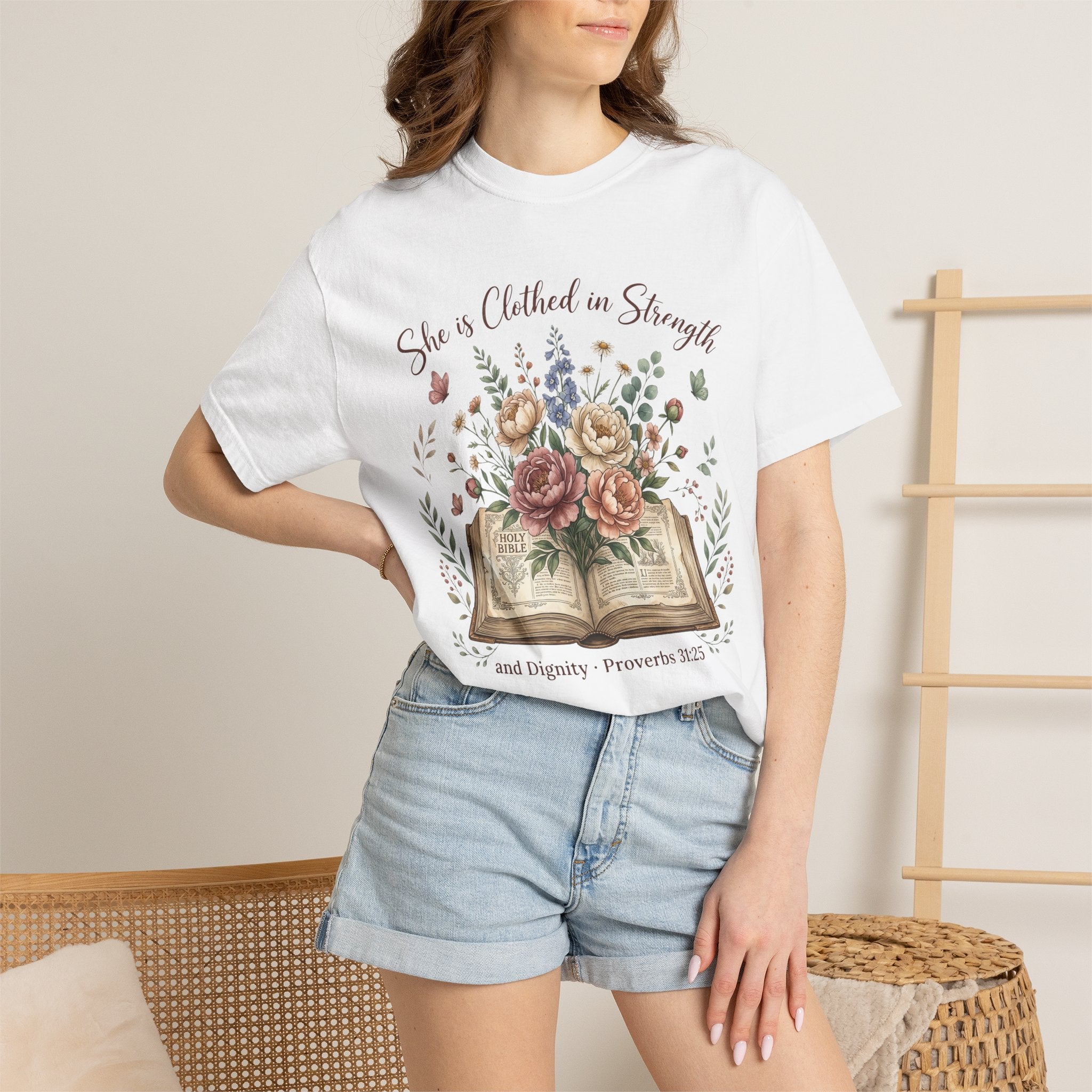 She is Clothed in Strength Floral (Proverbs 31:25) Bible Verse Christian T-Shirt