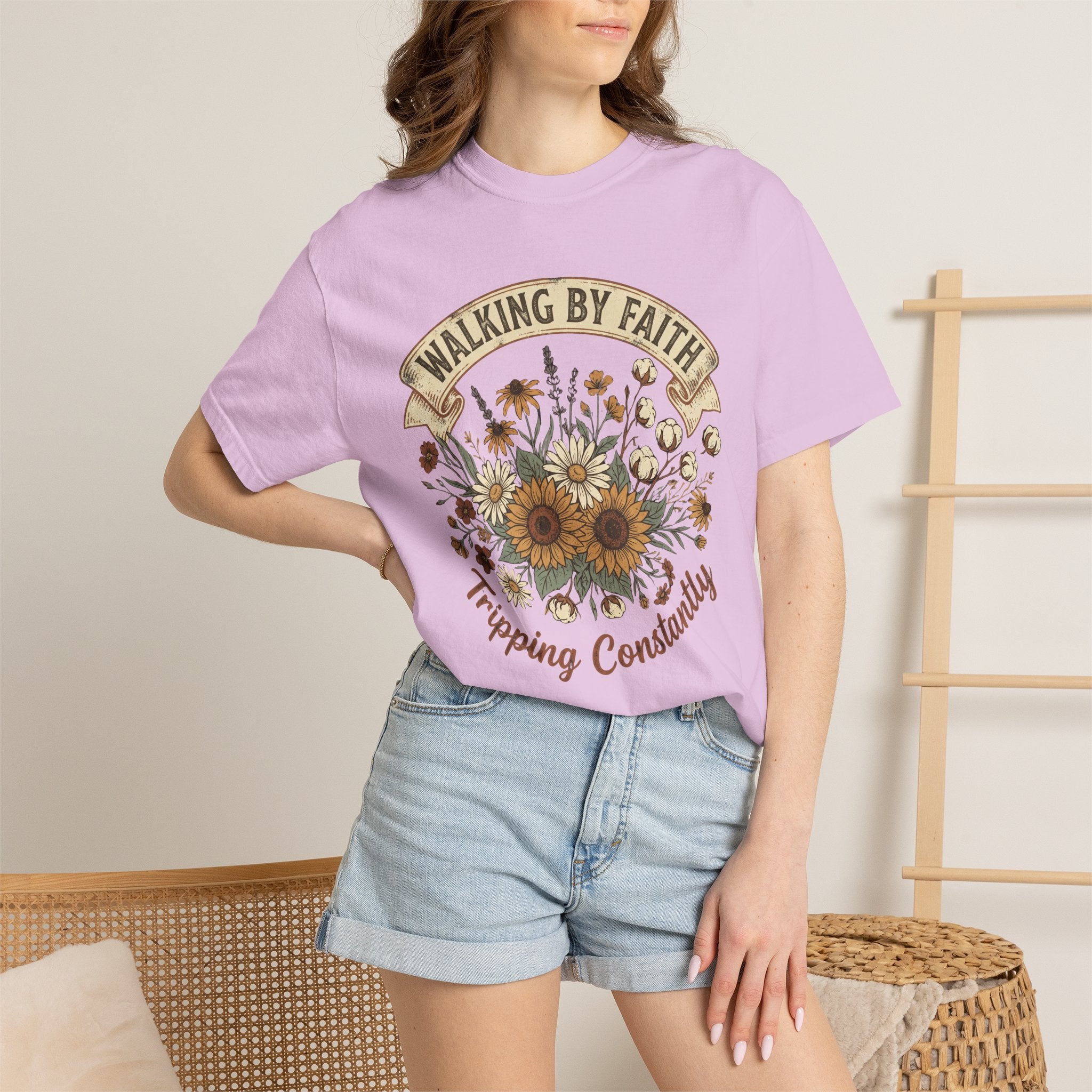 Walking By Faith, Tripping Constantly Sunflower Christian T-Shirt