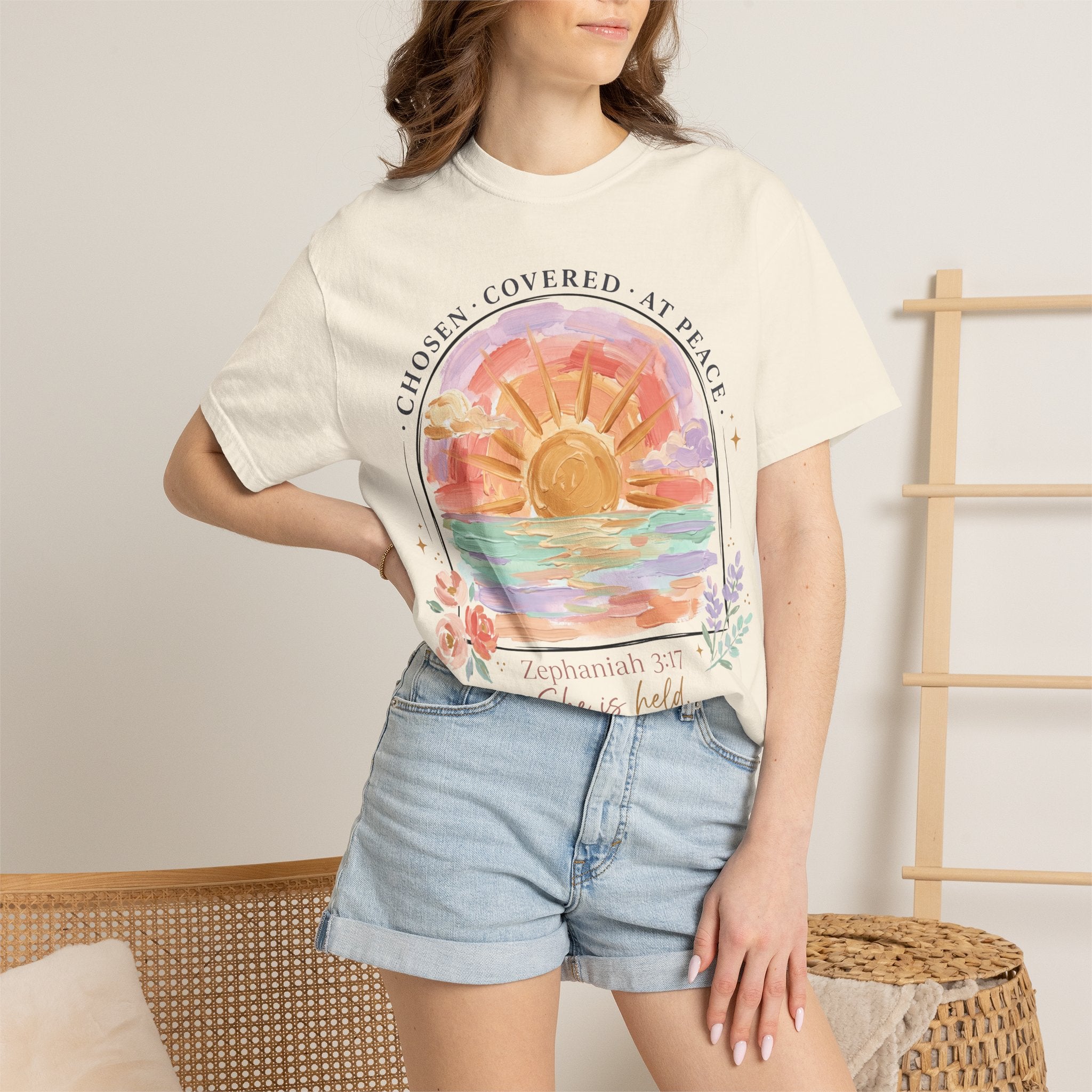 She Is Held (Zephaniah 3:17) Christian Sunset T-Shirt