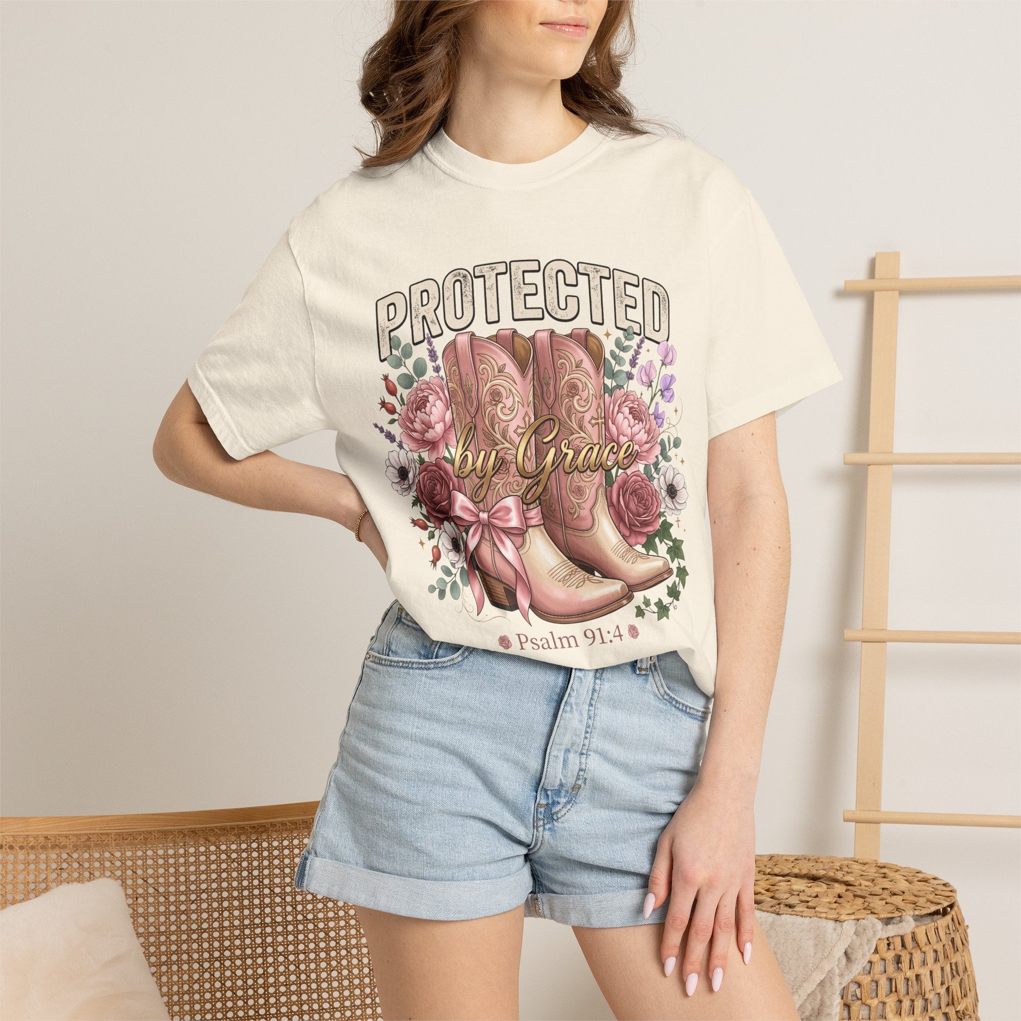 Protected by Grace (Psalm 91:4) Floral Cowboy Boots T-Shirt