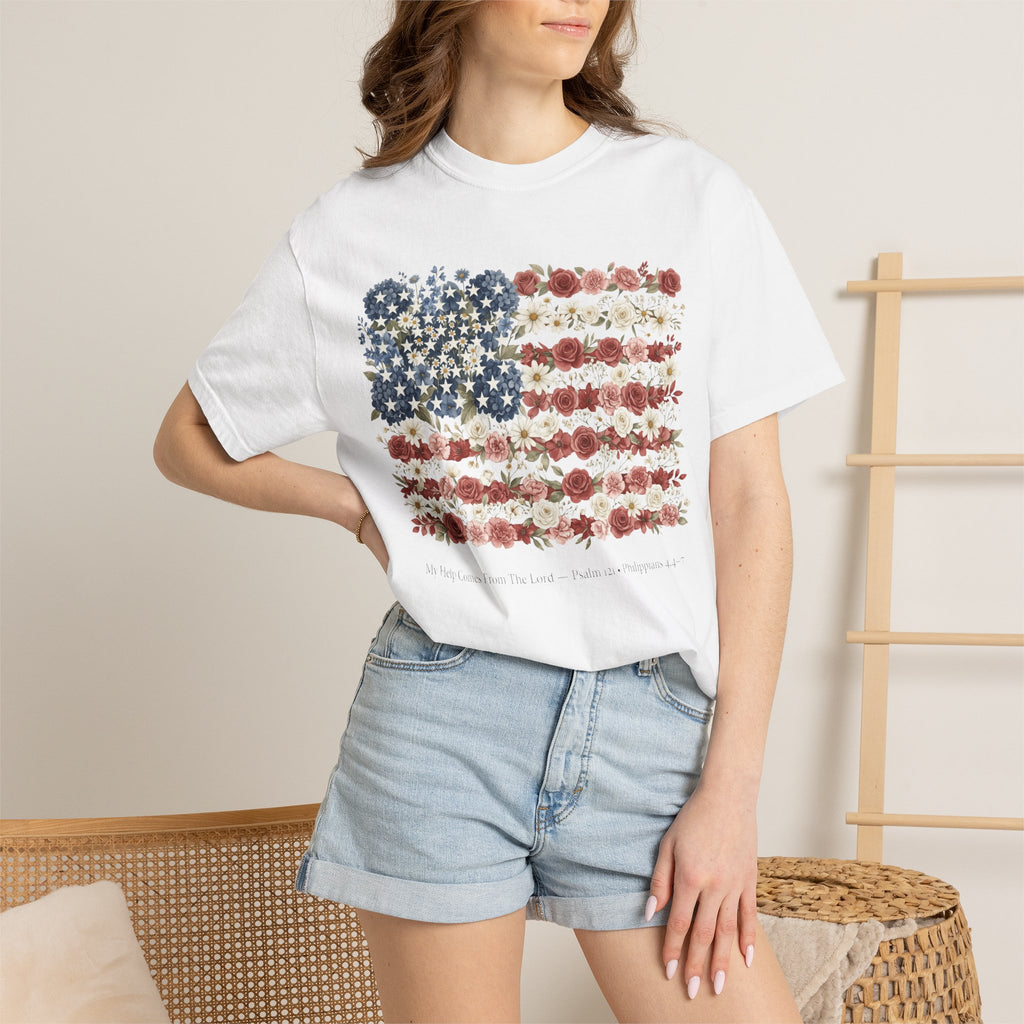 Floral American Flag  Vintage Patriotic T-Shirt