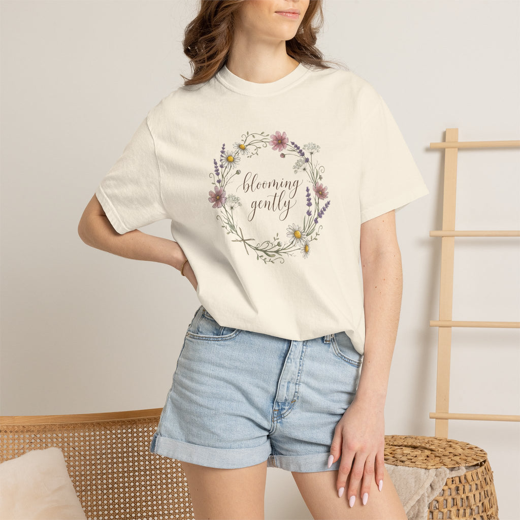 Blooming Gently Garden Script Floral Wreath T-Shirt