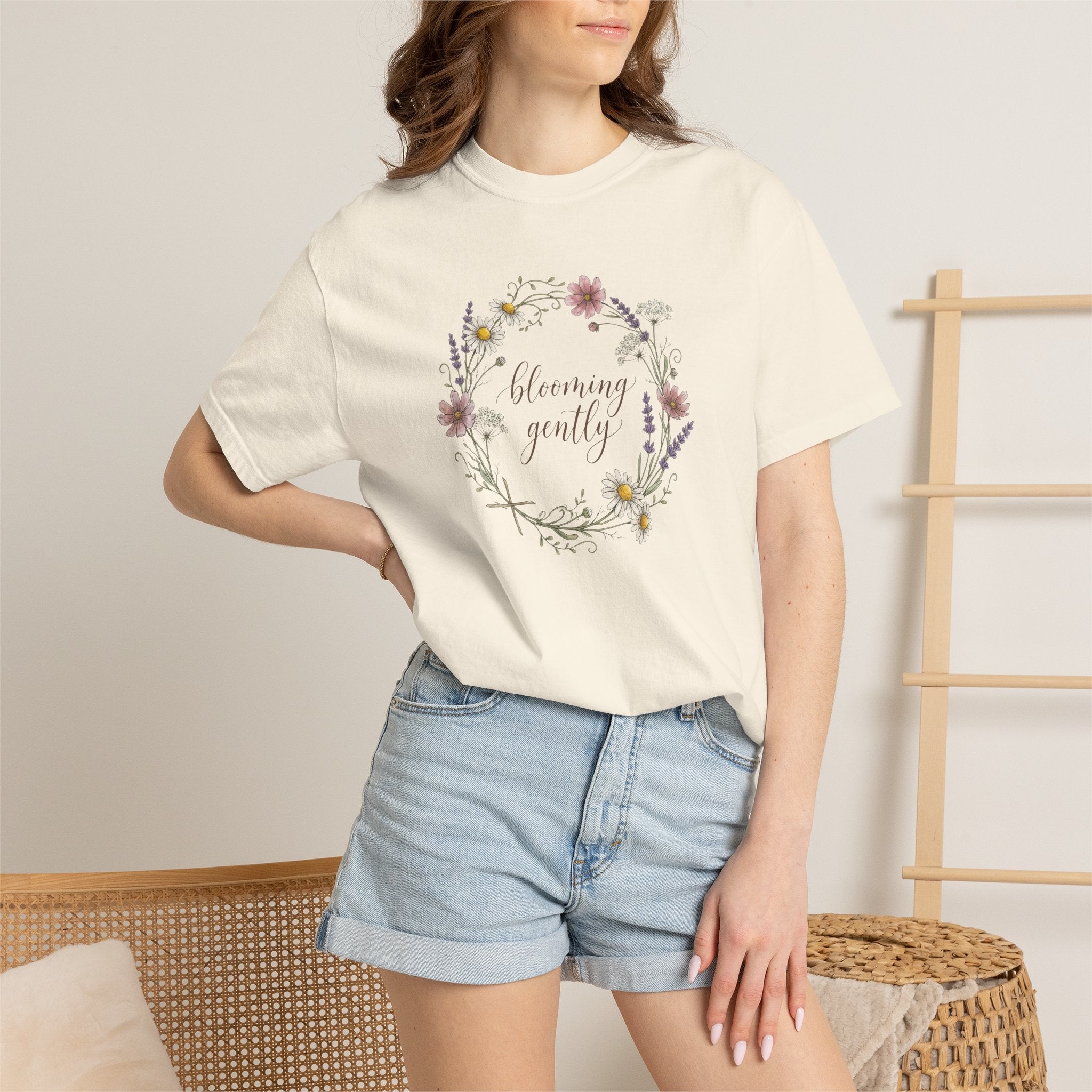 Blooming Gently Garden Script Floral Wreath T-Shirt