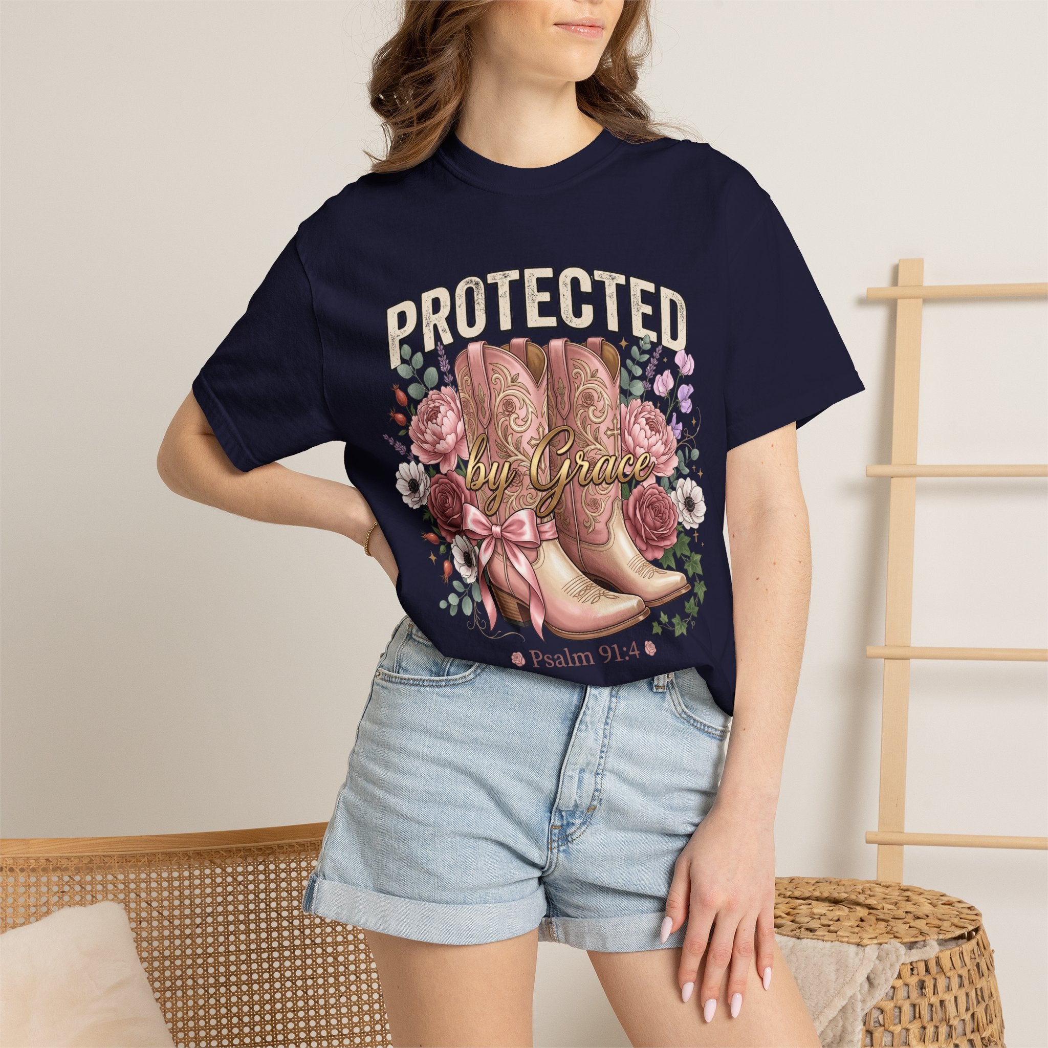 Protected by Grace (Psalm 91:4) Floral Cowboy Boots T-Shirt