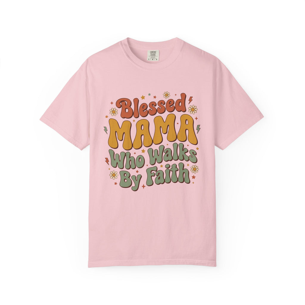 Blessed Mama Who Walks By Faith Retro Floral Christian T-Shirt