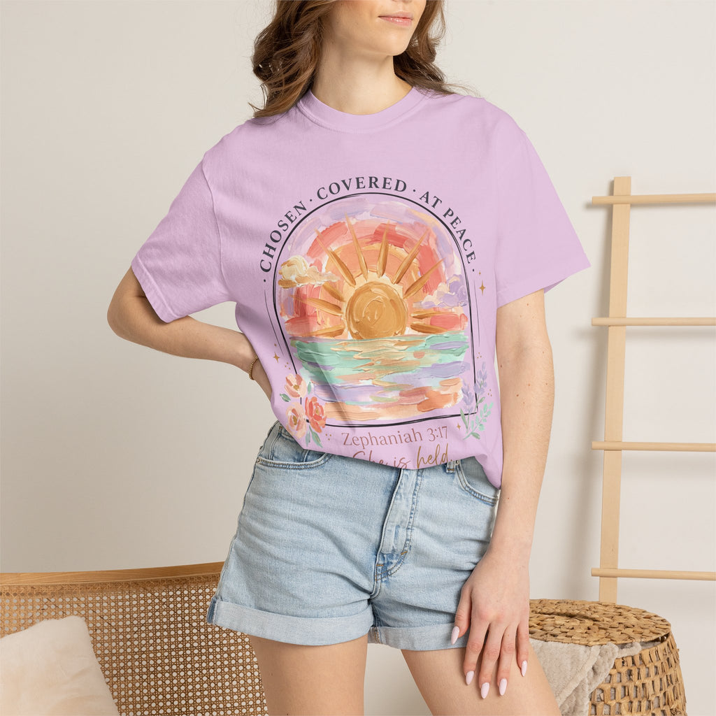 She Is Held (Zephaniah 3:17) Christian Sunset T-Shirt