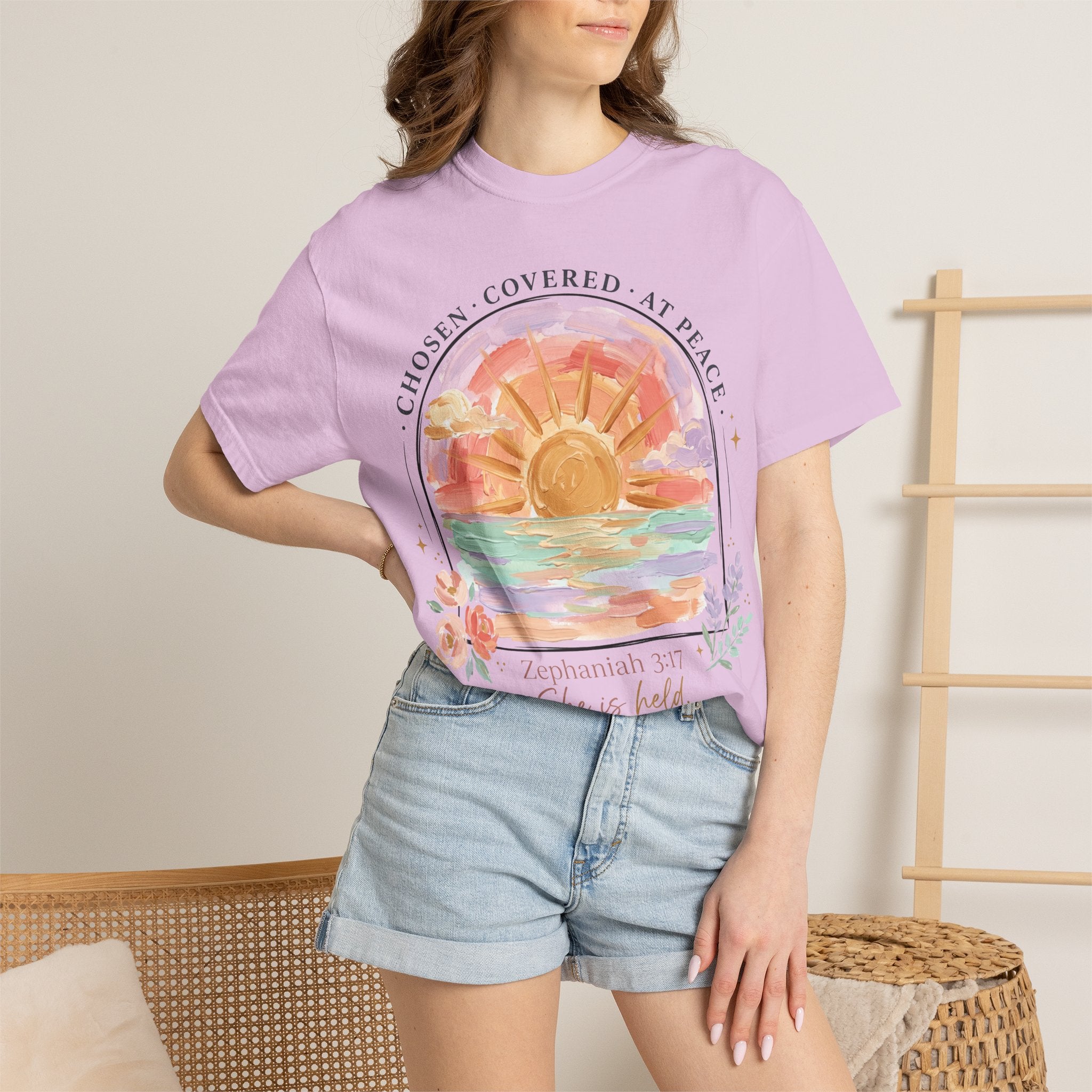 She Is Held (Zephaniah 3:17) Christian Sunset T-Shirt