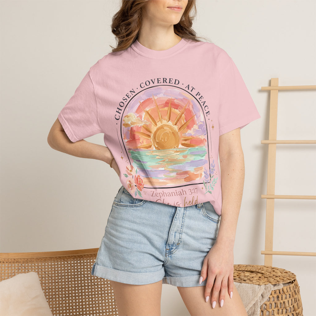 She Is Held (Zephaniah 3:17) Christian Sunset T-Shirt