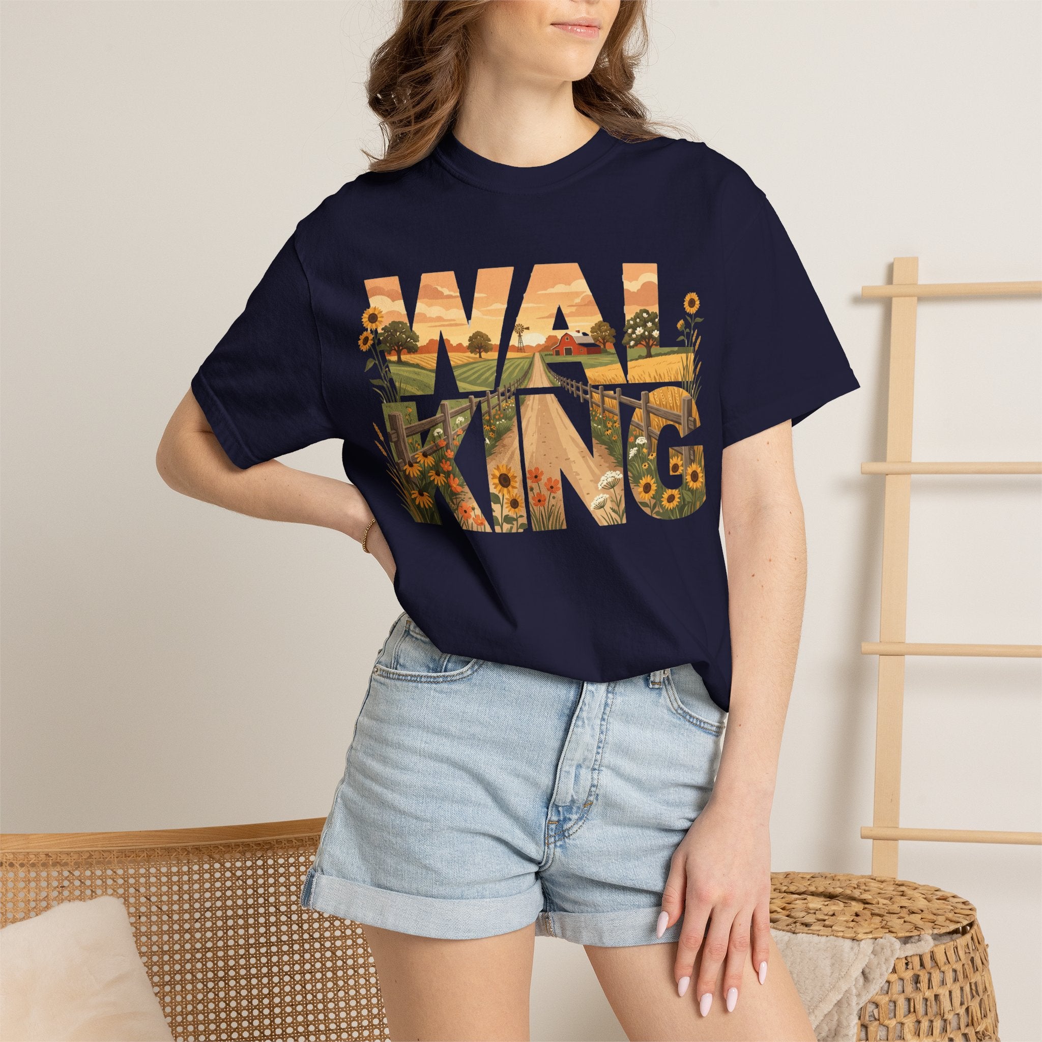 Walking Graphic Sunflower & Countryside Scenic Lettering T-Shirt